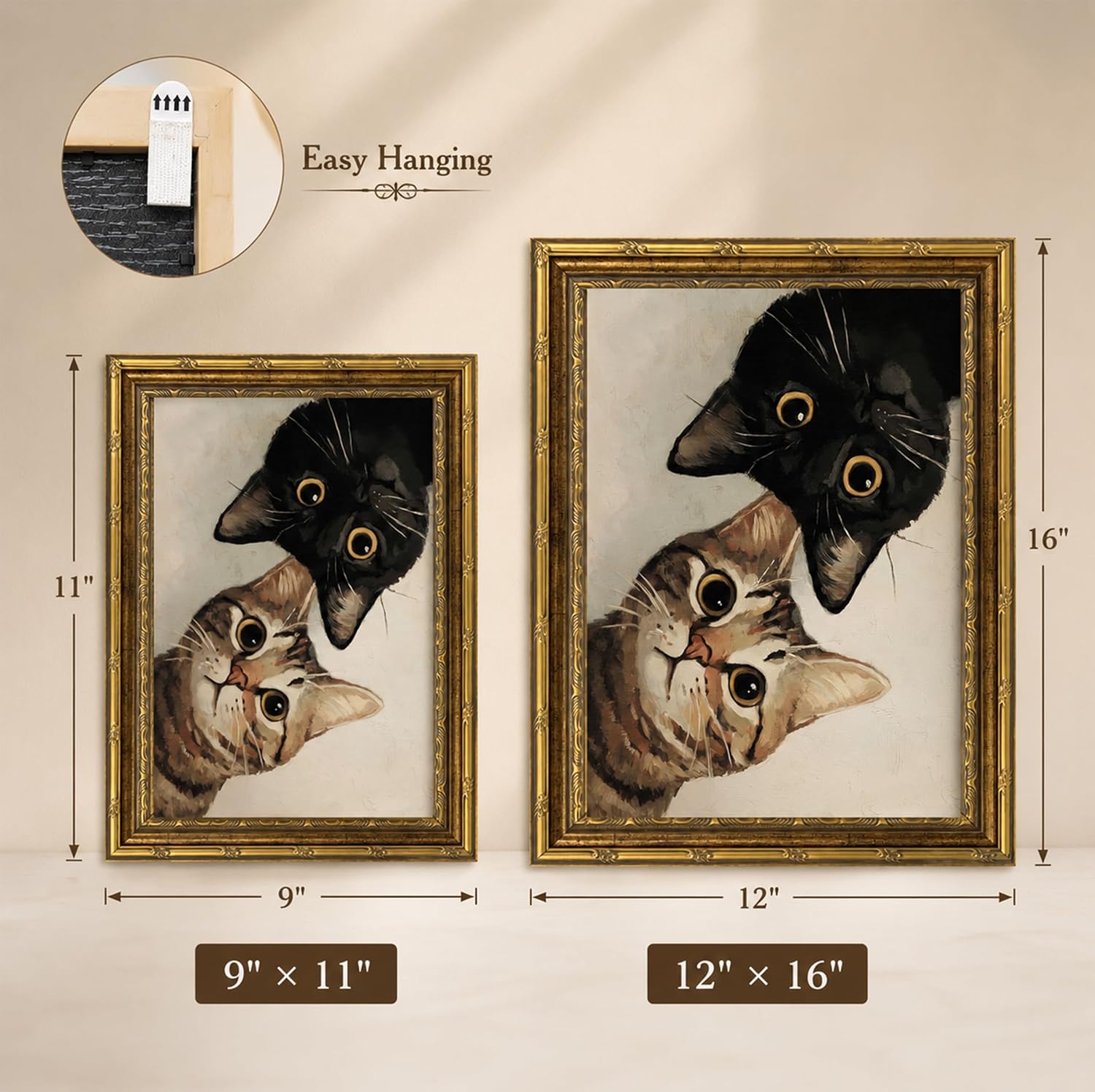 Syqiya Vintage Gold Framed Funny Tabby Cat Wall Art Cat Canvas Wall Decor image 3