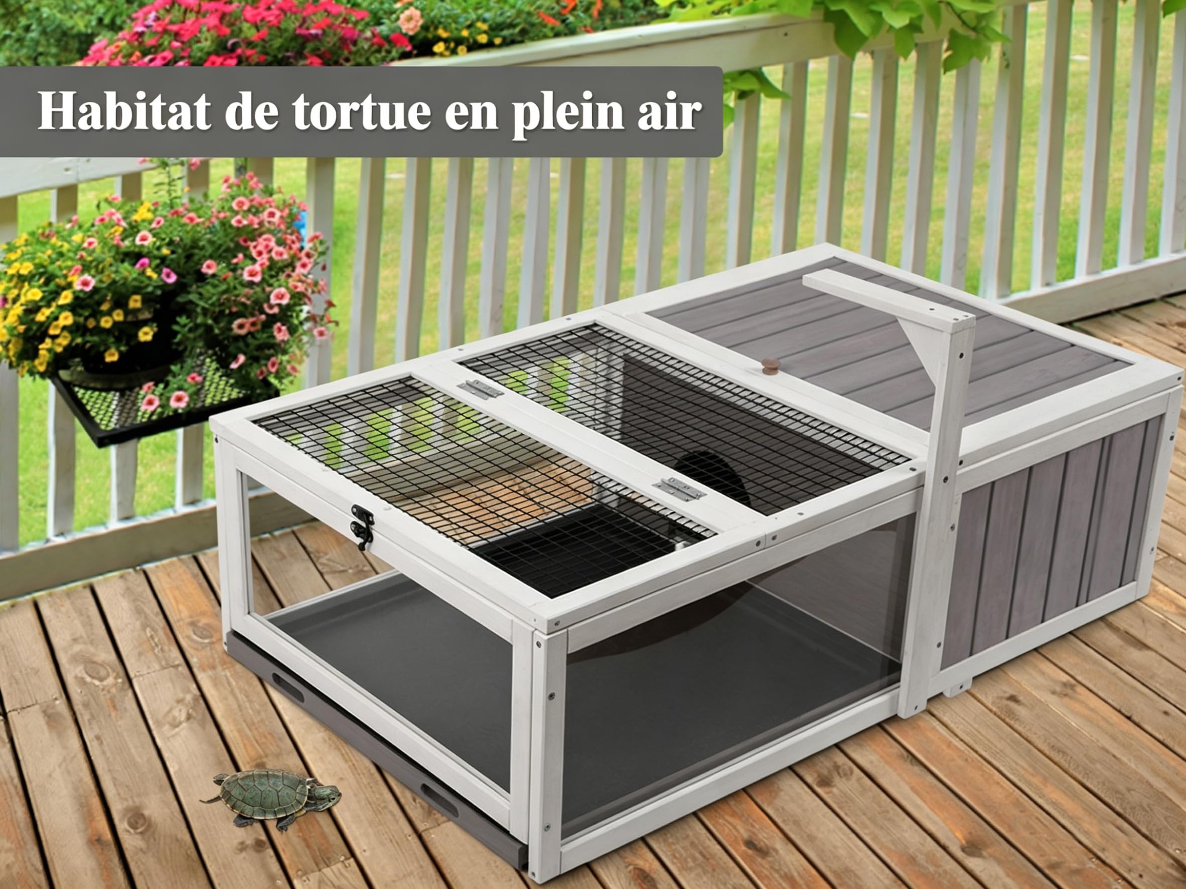 HiCaptain Enclos Tortue Exterieur Bois avec Fond, Cage Cochons d'Inde Exterieur en Bois - Facile à Installer - 91cm x 61cm x 31cm Porte d'évacuation et Grenier