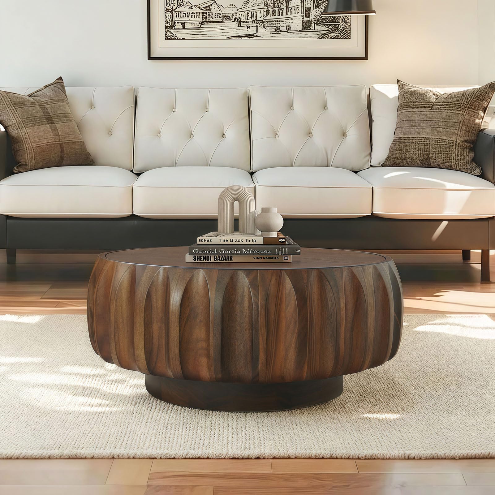 HanStrong 31.5" Walnut Round Solid Wood Carved Coffee Table with Elegant Sculptural Design, Modern Side Table for Living Room, Bedroom, Office
