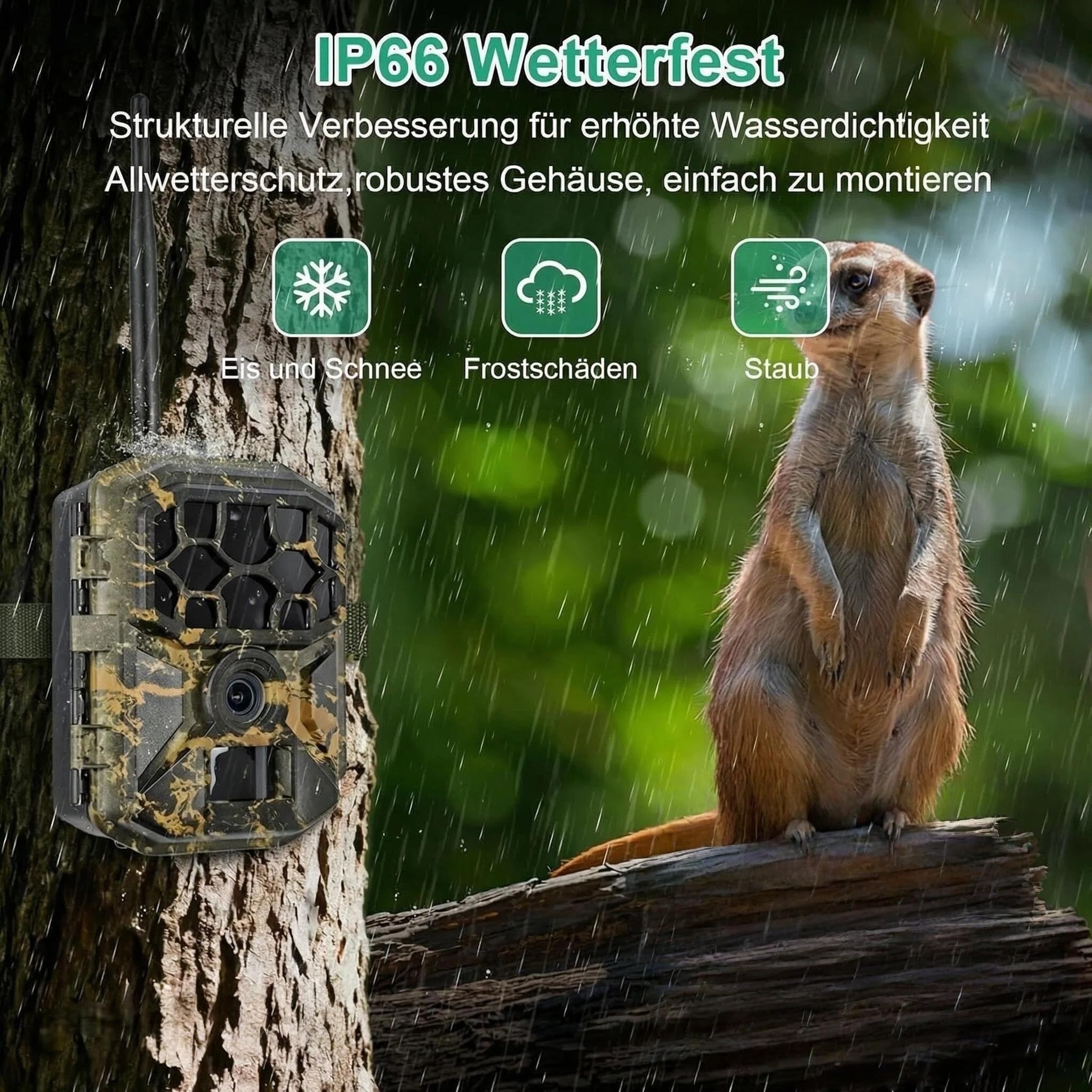 5K 64MP WLAN Solar Wildkamera mit Handy App, 64GB SD Karte | Bewegungsmelder Nachtsicht, 0,1s Schnellauslösezeit, 7800mAh Akku, IP66 Wasserdicht, Outdoor