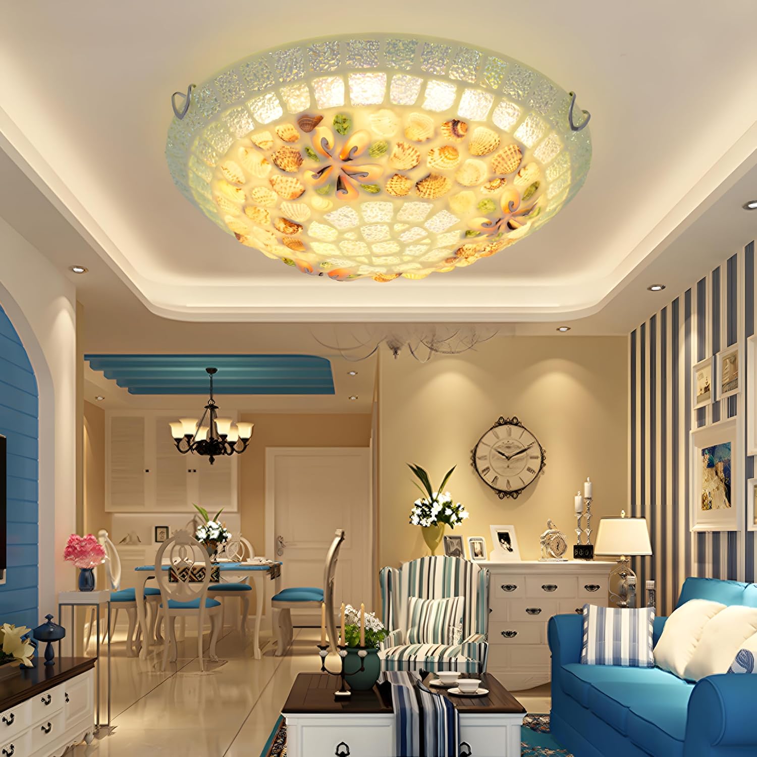Tiffany Flush Mount Ceiling Light, Handmade Seashell Stained Glass Ceiling Lamp,3 Color Dimmable LED Mediterranean Art Deco Ceiling Light Fixture for Bedroom,Living Room&Hotel(19.68"/50cm)