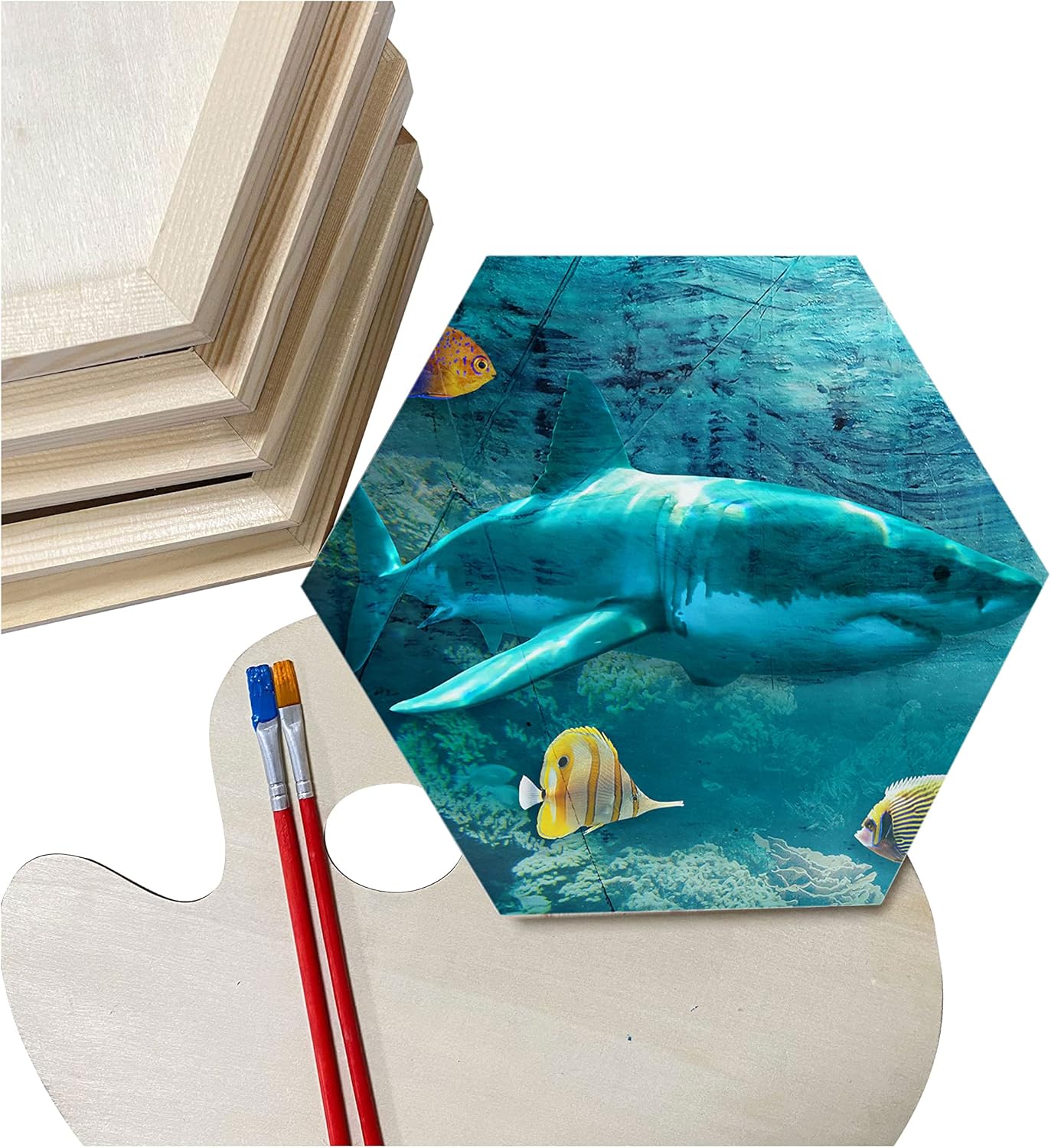Hexagon Wood Canvas for Crafts, Framed Wooden Panel Boards for Painting (8x9 in,6 Pack)