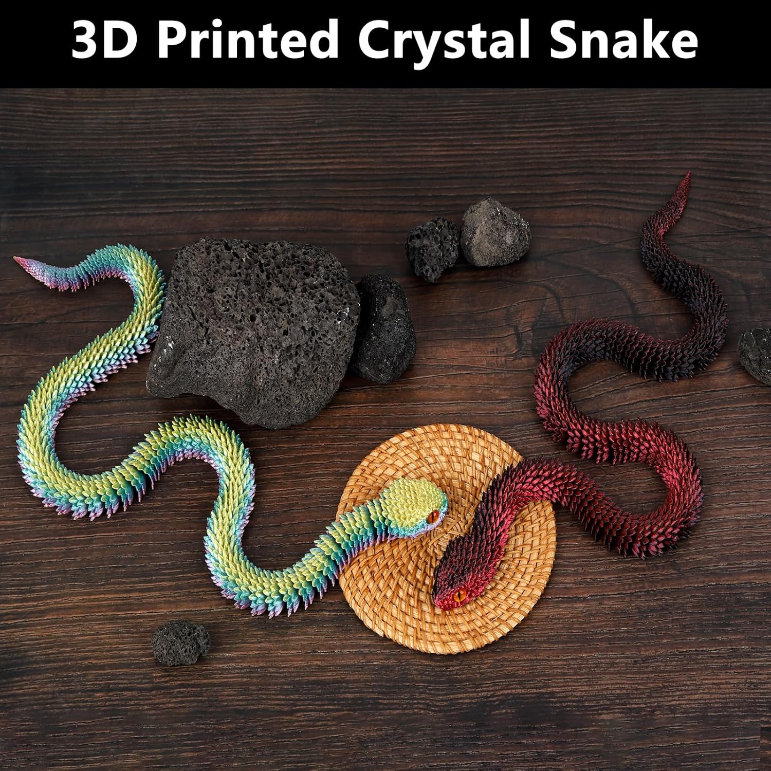 2PCS 24'' 3D Printed Snake,3D Printed Animals,3D Printed Fidget Toys，Articulated Crystal Anaconda，Home Office Executive Desk Decoration Black Red & Rainbow