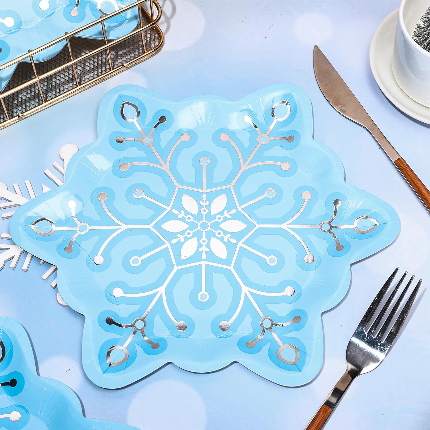 JarThenaAMCS 24Pcs Winter Snowflake Paper Plates Silver Foil Blue Snowflake Shape Disposable Plates Christmas Party Tableware for Xmas Wedding Birthday Table Decor Supplies - Image 3