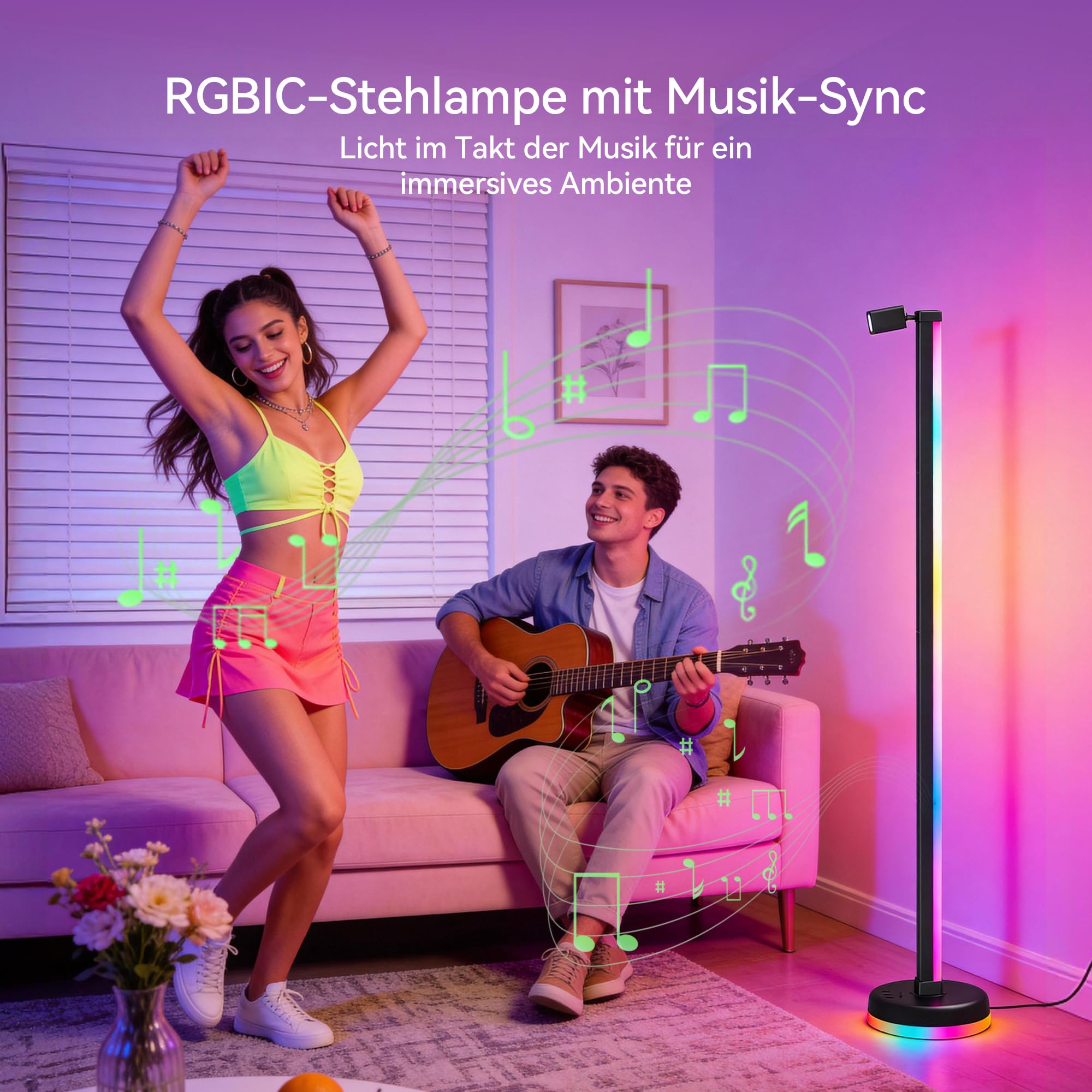 RGBICWW LED Stehlampe Wohnzimmer Dimmbar mit Leselampe 149,7cm | 16 Mio. Farben, 270° Licht, App & Fernbedienung, Musik-Sync, Timer für Schlafzimmer & Gaming, Lineora-02