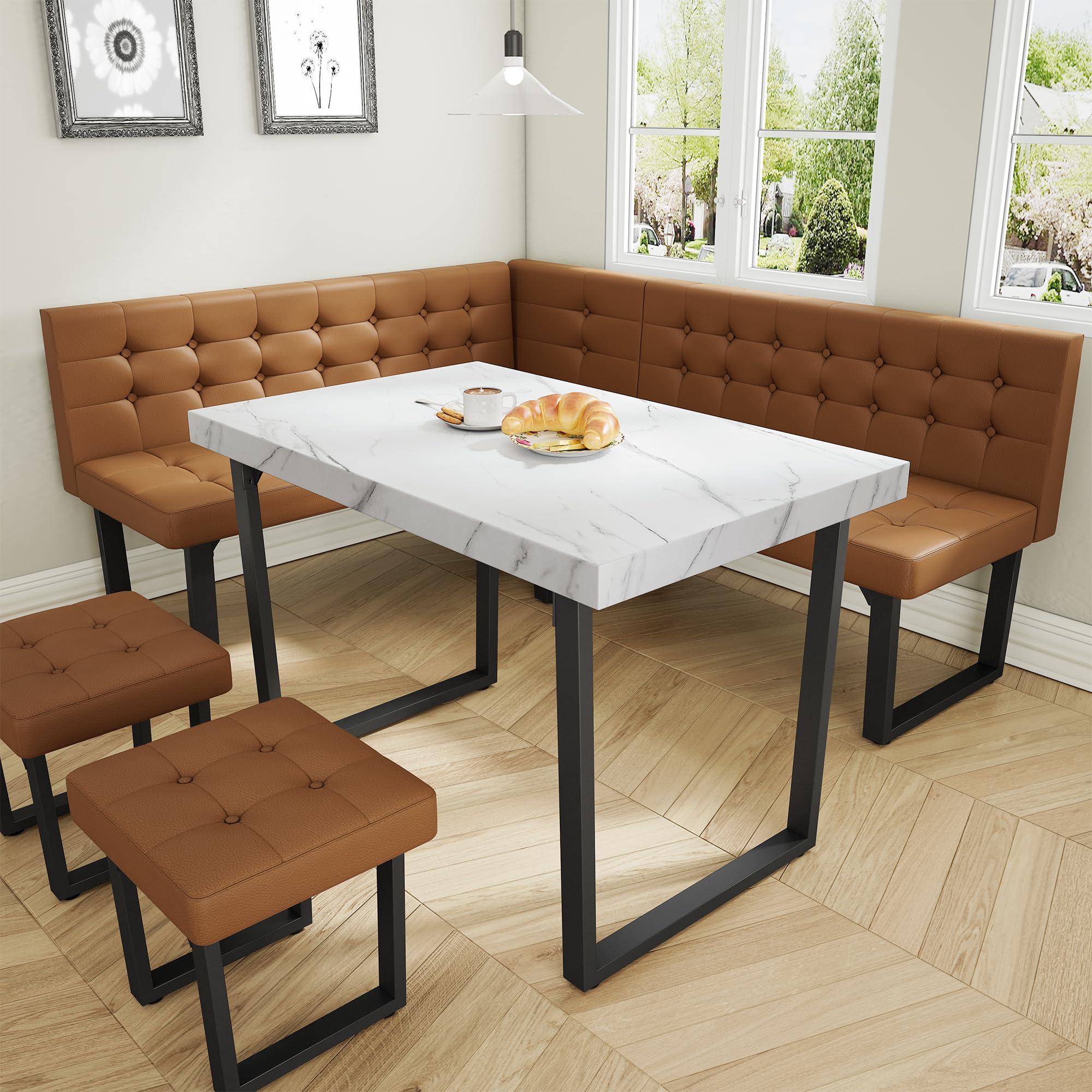 Modern Corner Dining Table Set, 72 Inch Breakfast Nook with Banquette, 5 Piece Set with Storage Bench (Orange)