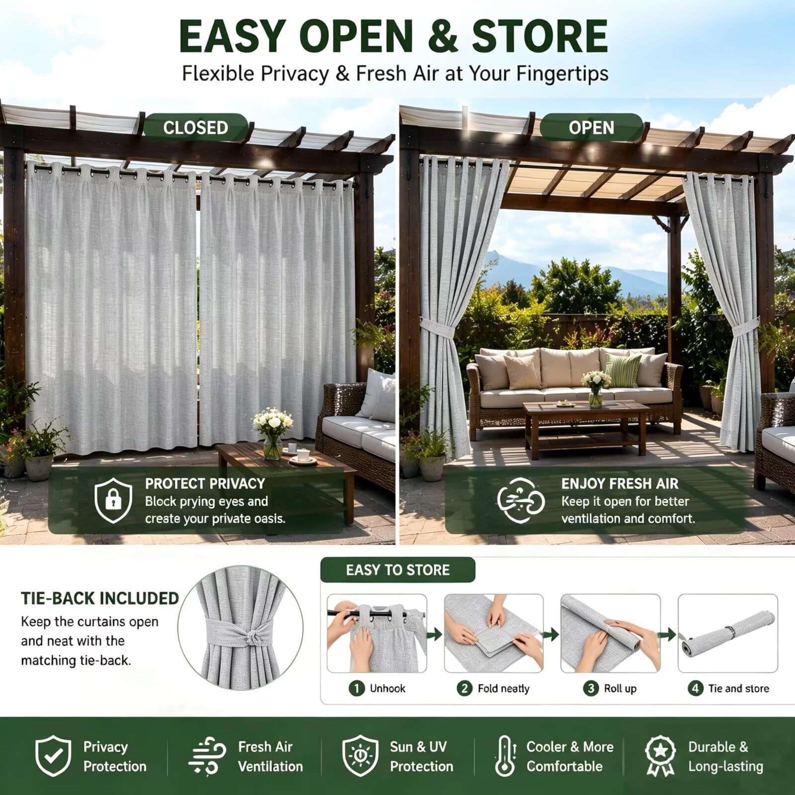 Rideau extérieur anti chaleur pour pergola et balcon H259 x L266cm Gris