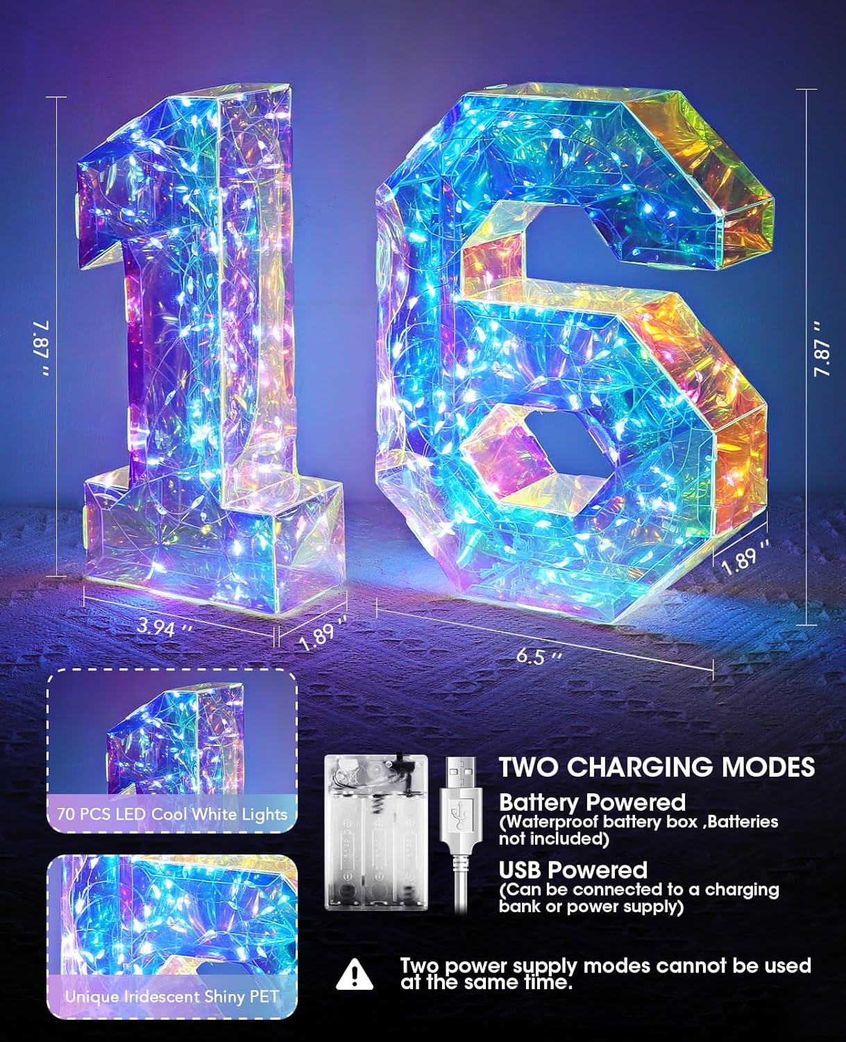 AceList Sweet 16 Iridescent Light Up Numbers Decoration, Prismatic Glow Marquee Sign with 70 LED Fairy Lights, USB & Battery Powered Birthday Party Décor, Anniversary Display
