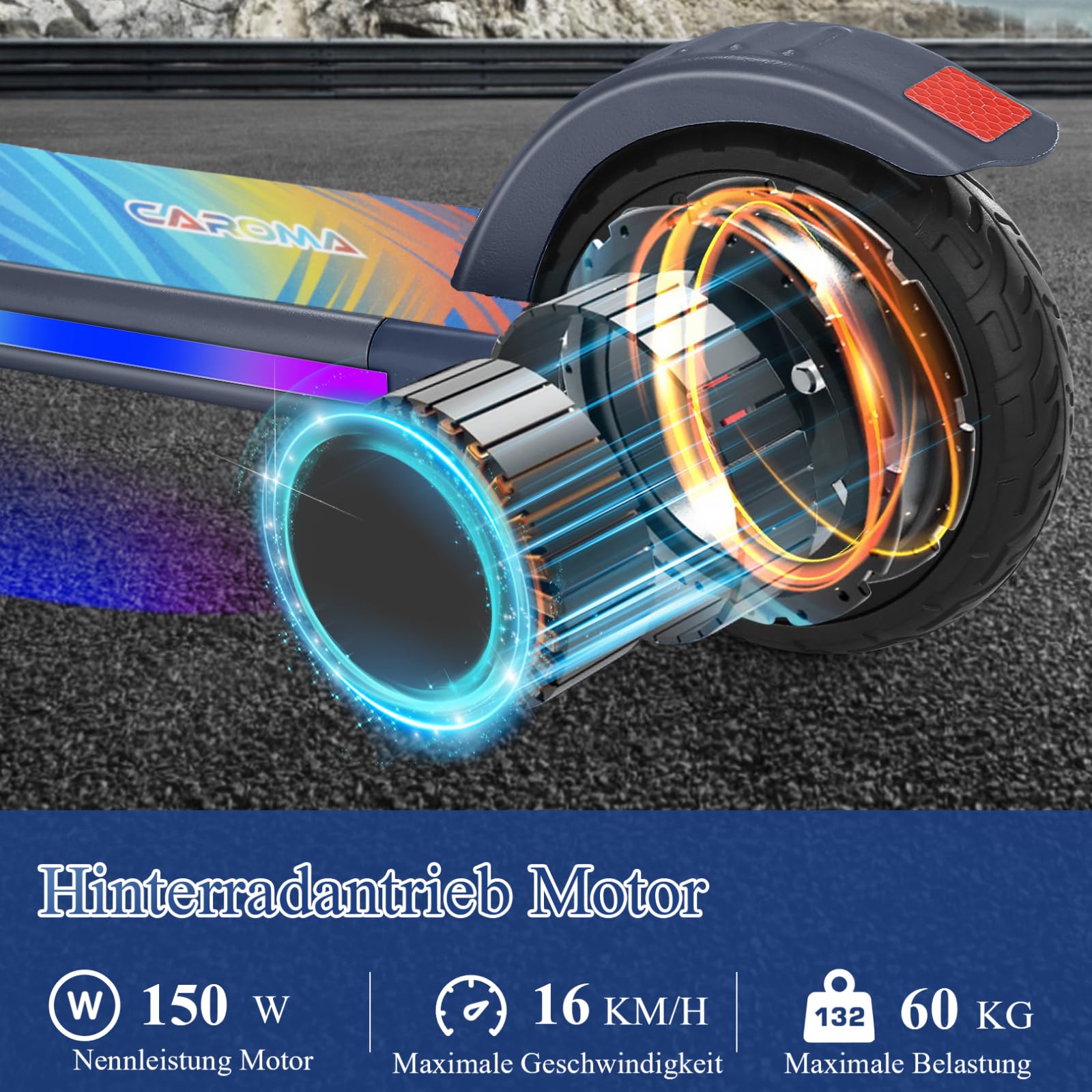 Caroma Patinete E para niños de 6 a 14 años, Motor de 150 W/180 W, 16 km/h, 80 Minutos de Tiempo de conducción, Velocidad y Altura Ajustables, Luces Coloridas, indicador LED, Scooter eléctrico