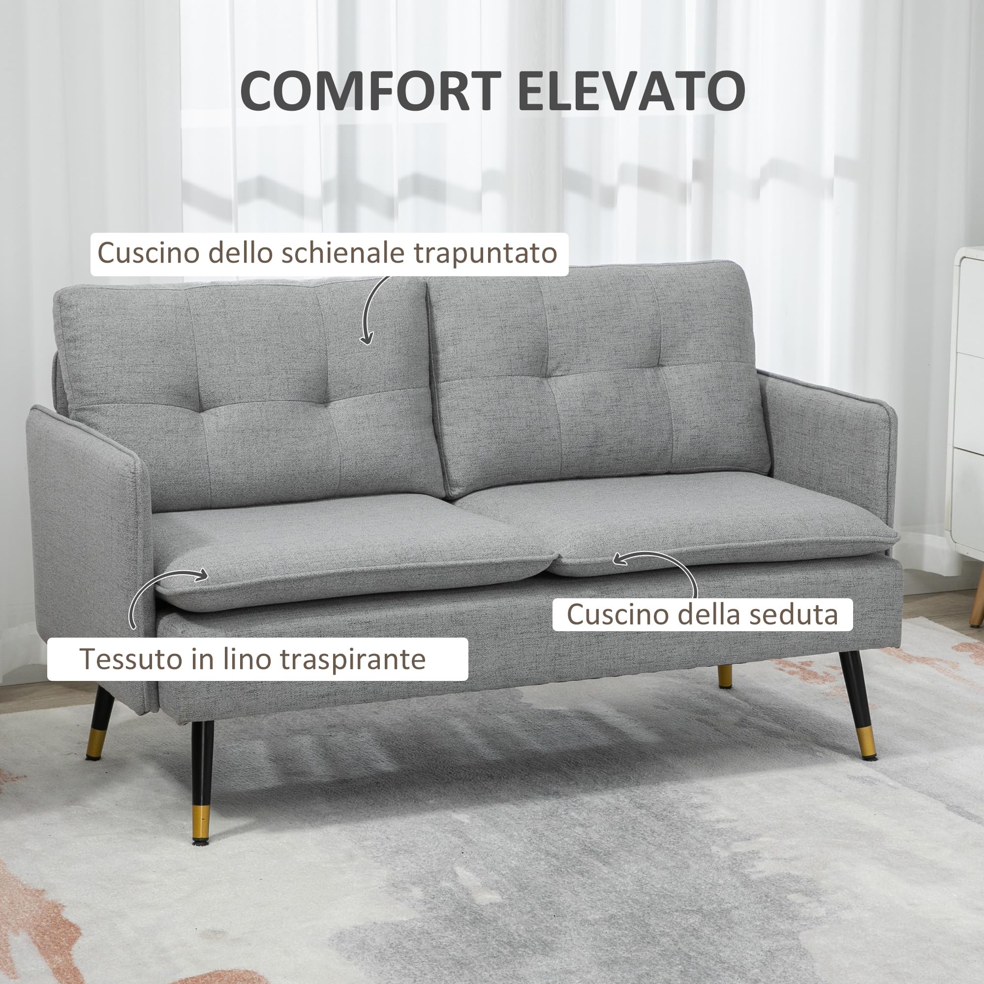 HOMCOM Divano 2 Posti in Tessuto Effetto Lino con Braccioli e Cuscini Imbottiti, Divanetto 2 Posti Moderno con Gambe in Acciaio, per Ufficio, Soggiorno, Salotto e Camera da Letto, 139x68x80 cm, Grigio