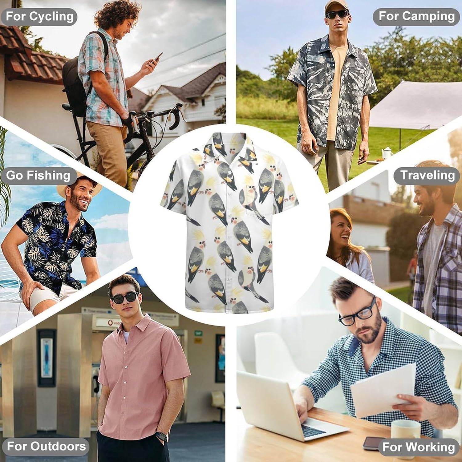 Cute Cockatiel Birds Men's Short Sleeve Shirts Casual Novelty Printed Button Down Tops