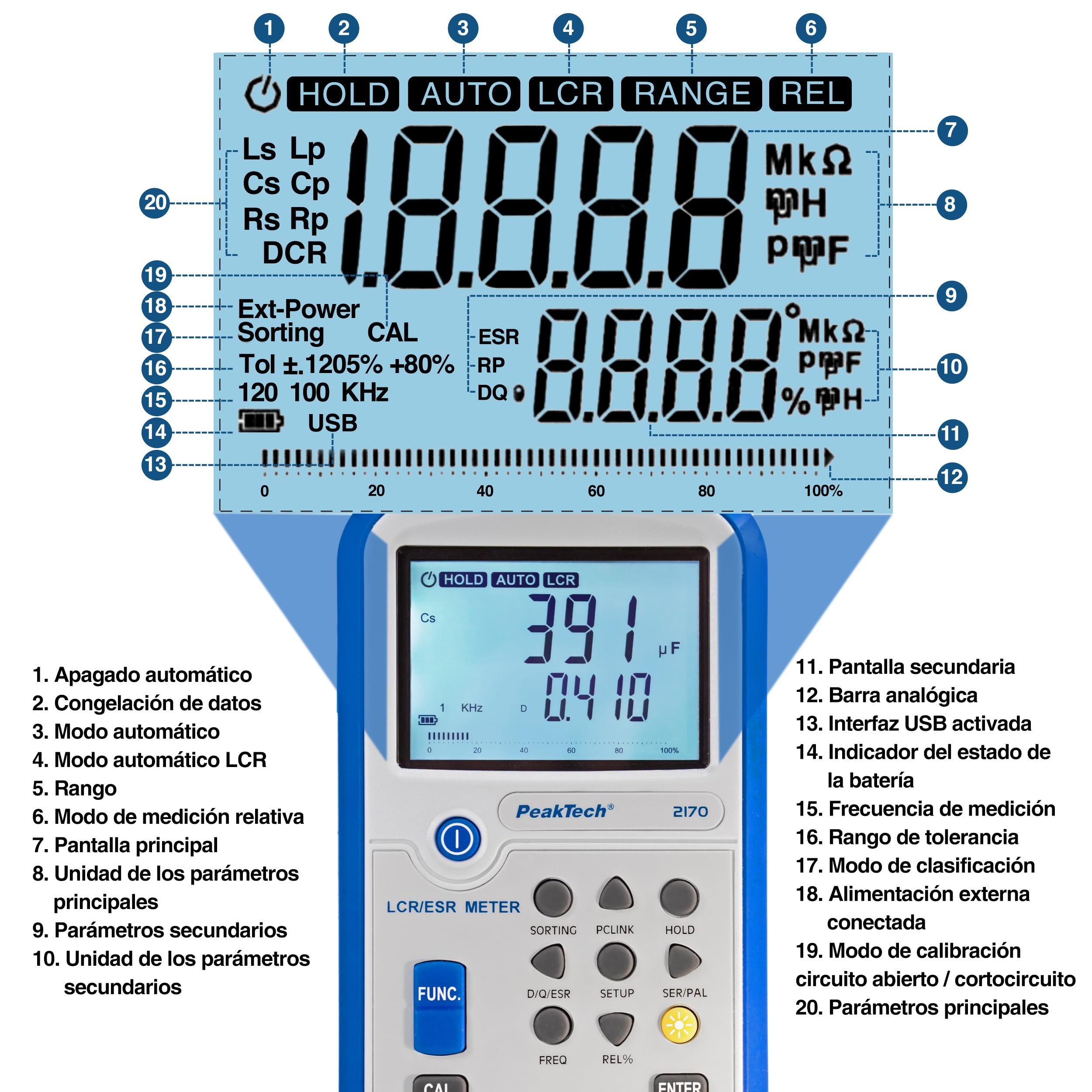 PeakTech 2170 - Medidor LCR, Dispositivo de Medición Esr con Usb, Incluido Software, Frecuencia 1/120 Hz, 1/10/100 Khz, Digital, Medición de Corriente, Pantalla LCD Iluminada, Gráfico de Barras
