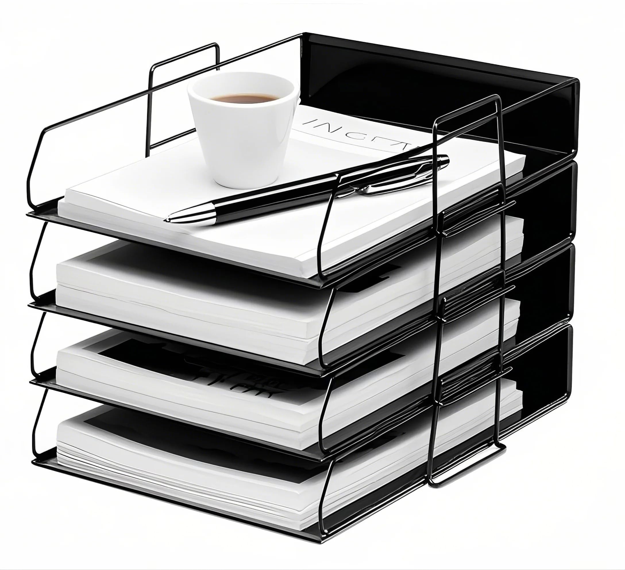 YFS Organizador de papel de 4 niveles con asa, bandeja de malla para escritorio y cartas, organizador de papel para cartas A4, para el hogar, oficina, suministros escolares (4, retrato y negro)