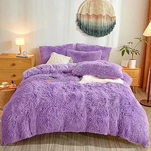 Furry Fluffy Purple Comforter Cover Twin Set – Faux Fur Furry Purple Bedding 2-Piece Set (1 Plush Duvet Cover + 1 Shaggy Pillow Sham) Cozy Bed Set