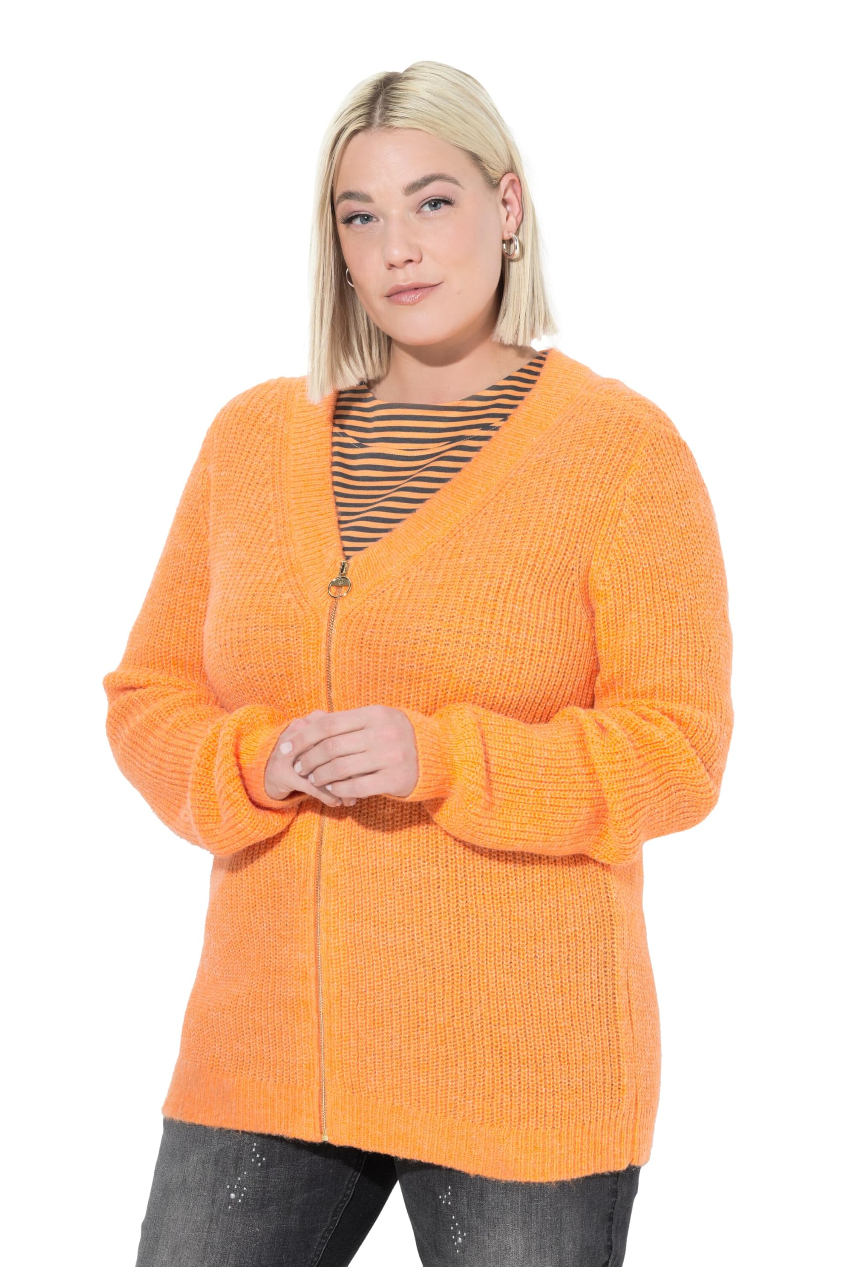 Ulla Popken Damen große Größen Übergrößen Plus Size Strickjacke, Patentstrick, V-Ausschnitt, Langarm, Wollanteil 841369