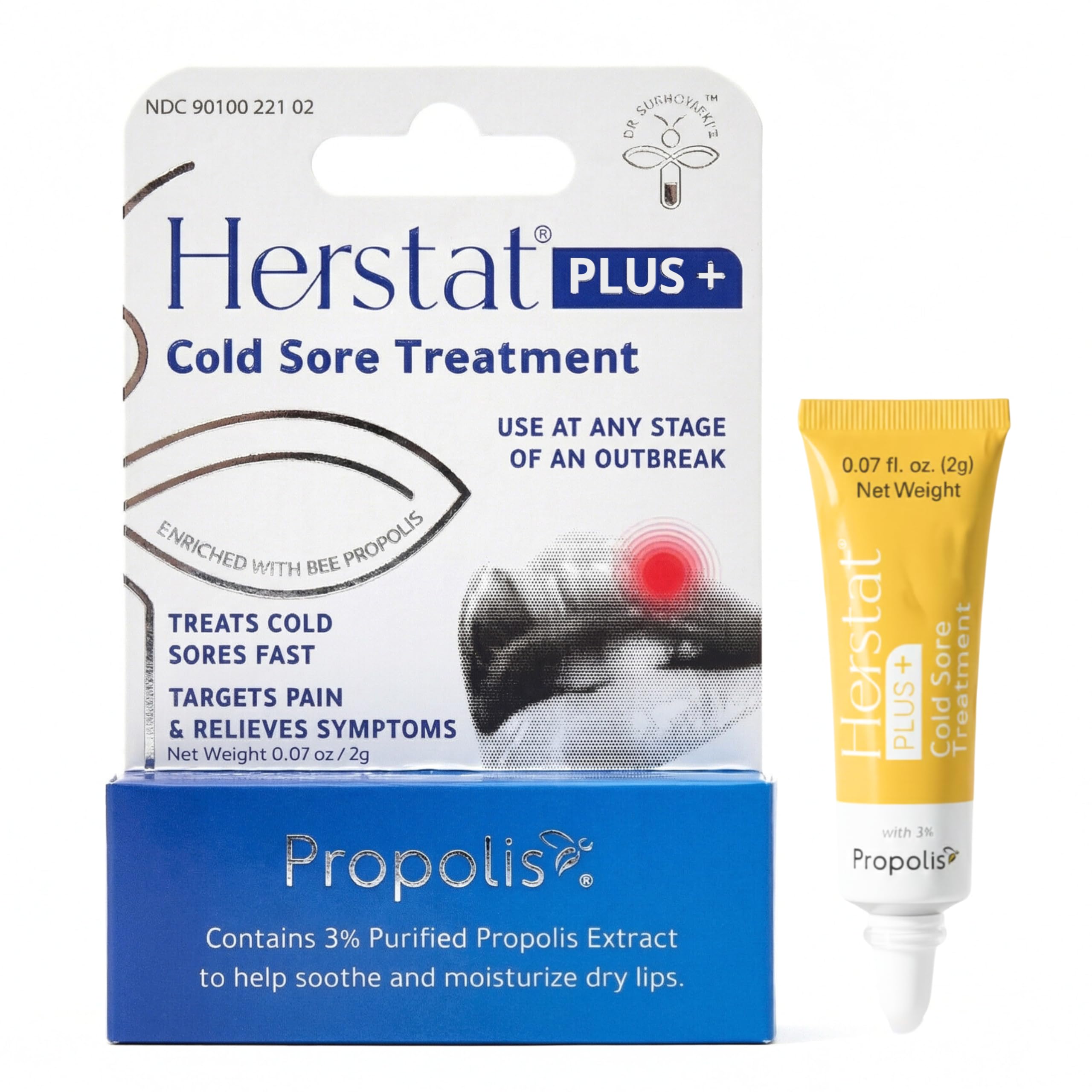 Herstat+ Cold Sore Treatment 2g with 3% Propolis - Fast Acting Cold Sore & Fever Blister Treatment for Lips, Effective Lip Treatment