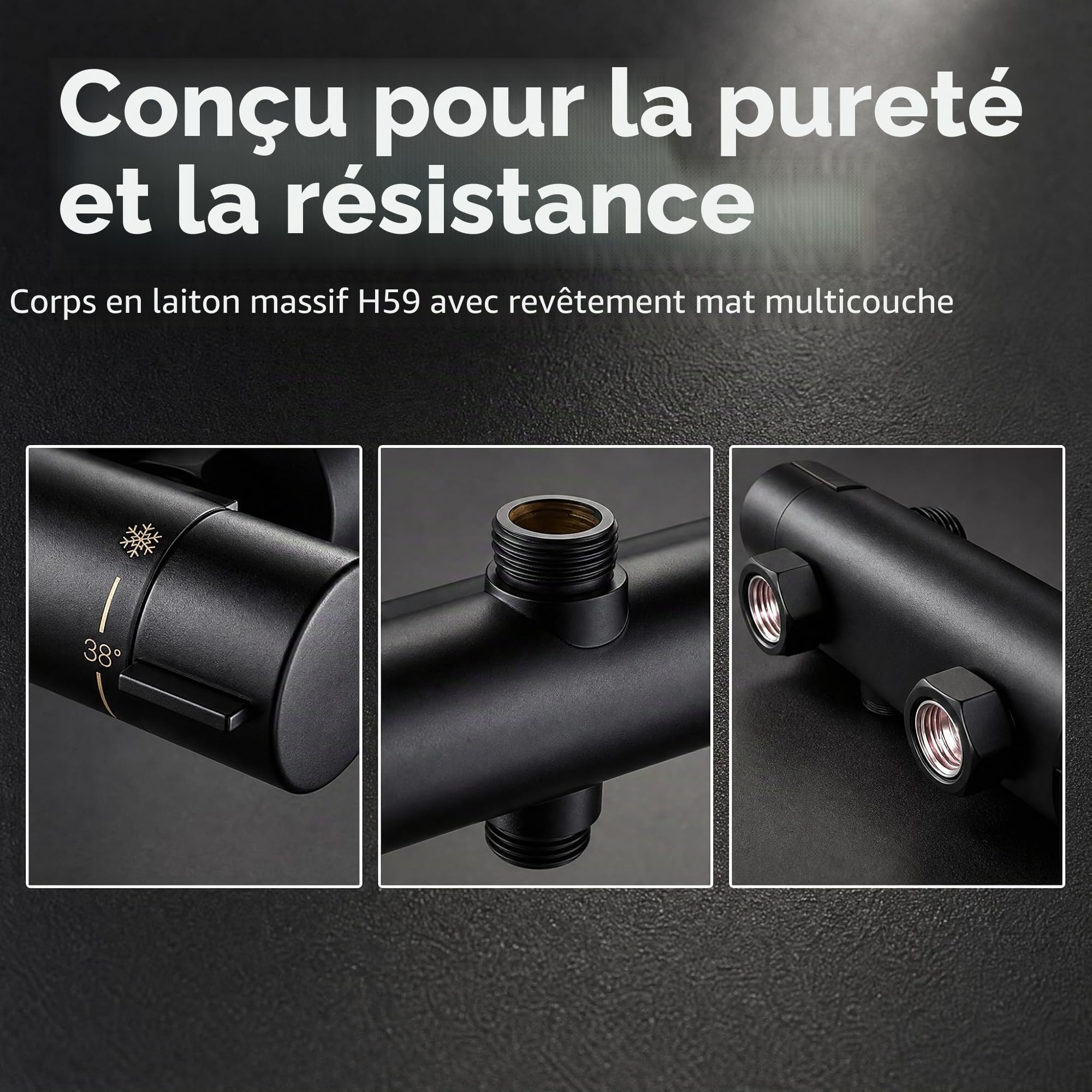 Mitigeur douche Thermostatique de Douche 38℃ Bas G1/2 Haut G3/4" BSP | Bain noir Mitigeur douche Thermostatique Robinet de Douche à Deux Sorties Robinet de Douche en Laiton Chromé