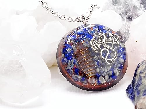 Miniatura 5 de Hubbering Dragon Coiled Quartz Crystal With Lapis Lazuli Disk Orgonite Reiki Pendant Shungite Necklace - Orgone Unique Handmade Gift
