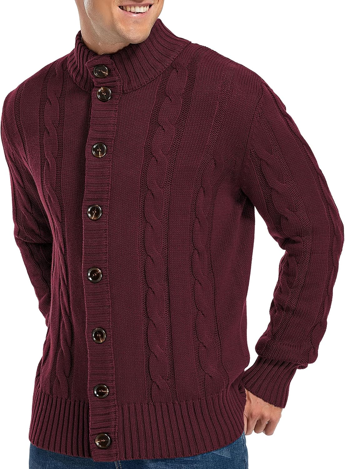 Aimeilgot Mens Fashion Casual Slim Fit Button Down Cable Knitted Stand Collar Cardigan Sweater - Image 5