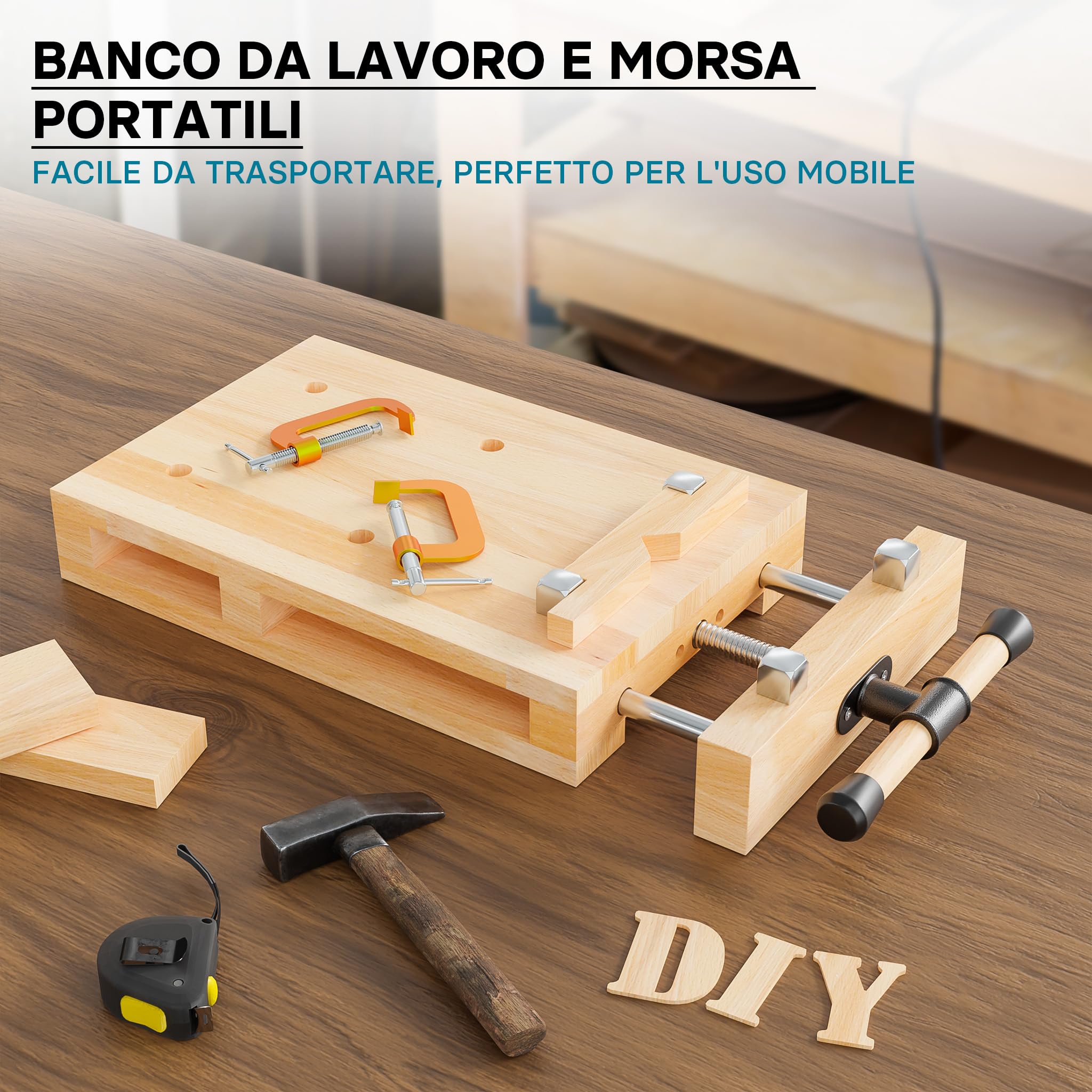 Wiltec Banco da lavoro portatile con morsa Mini tavolo di lavoro mobile in faggio con morsetti