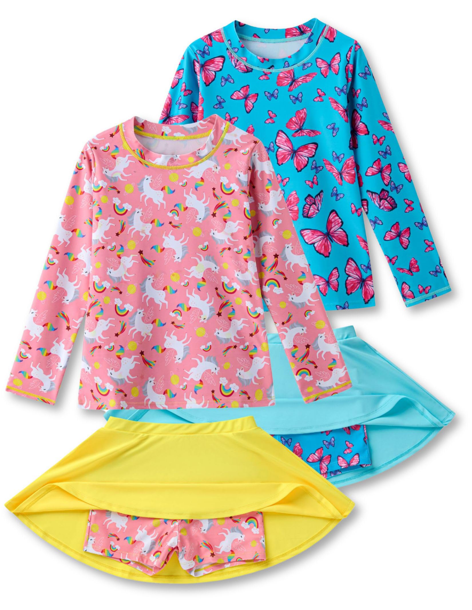 Liberty Pro 2 Pack: Girls Rash Guard Two Piece Bathing Suit Long Sleeve Swimsuit - Toddler Swimwear with Skirts Shorts 3T-12Y