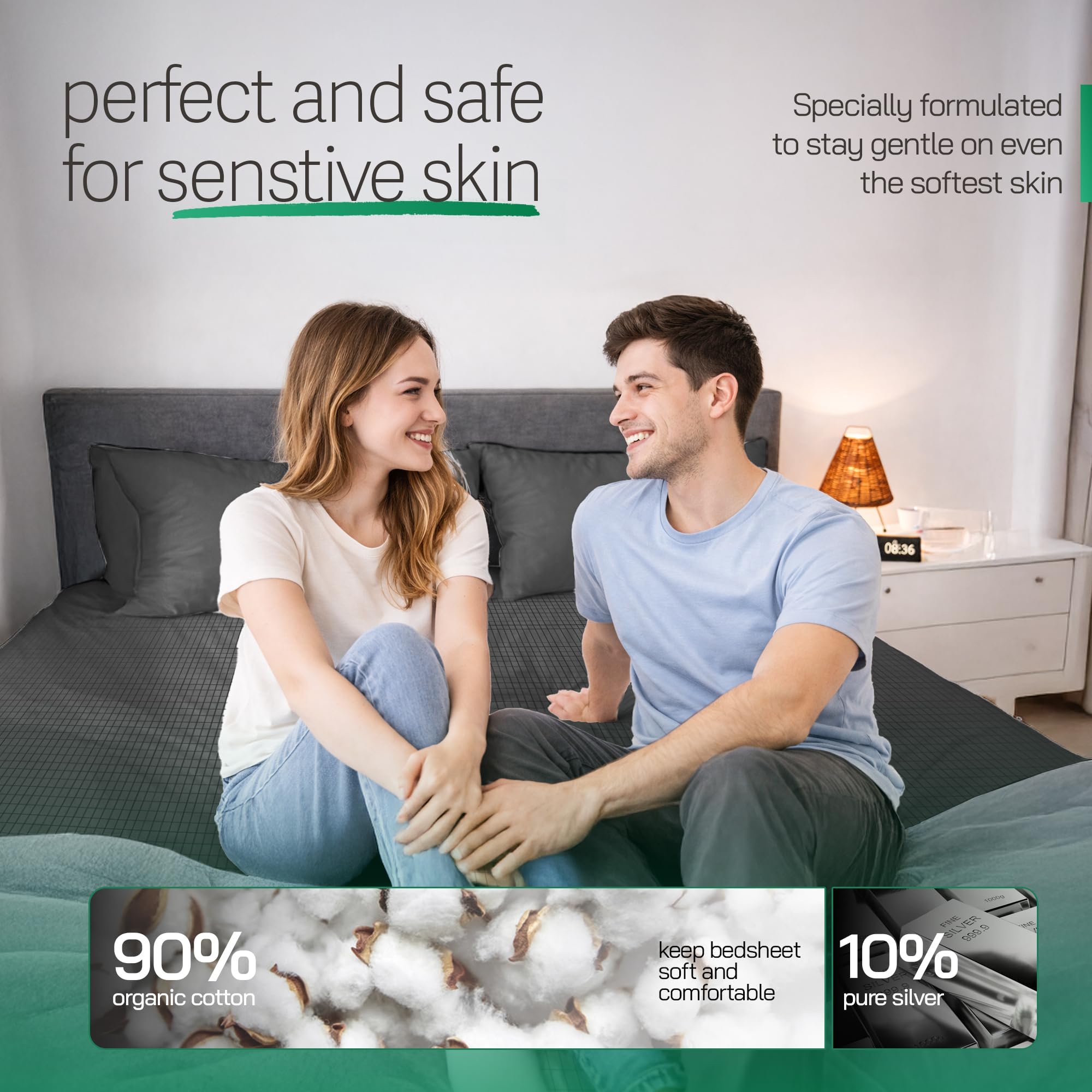 Fogli Di Messa A Terra – 95% Cotone Naturale + 5% Fibra D'Argento, Con Cavo Di Terra, Per Un Sonno Sano, Doppio-Bianco