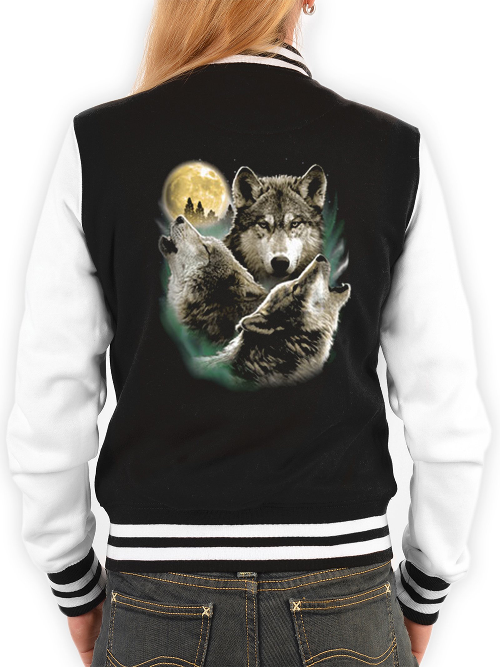 Damen College Jacke schwarz/Weiss mit Wolf Motiv : 3 Wölfe - Collegejacke Damen/Mädchen Farbe: schwarz