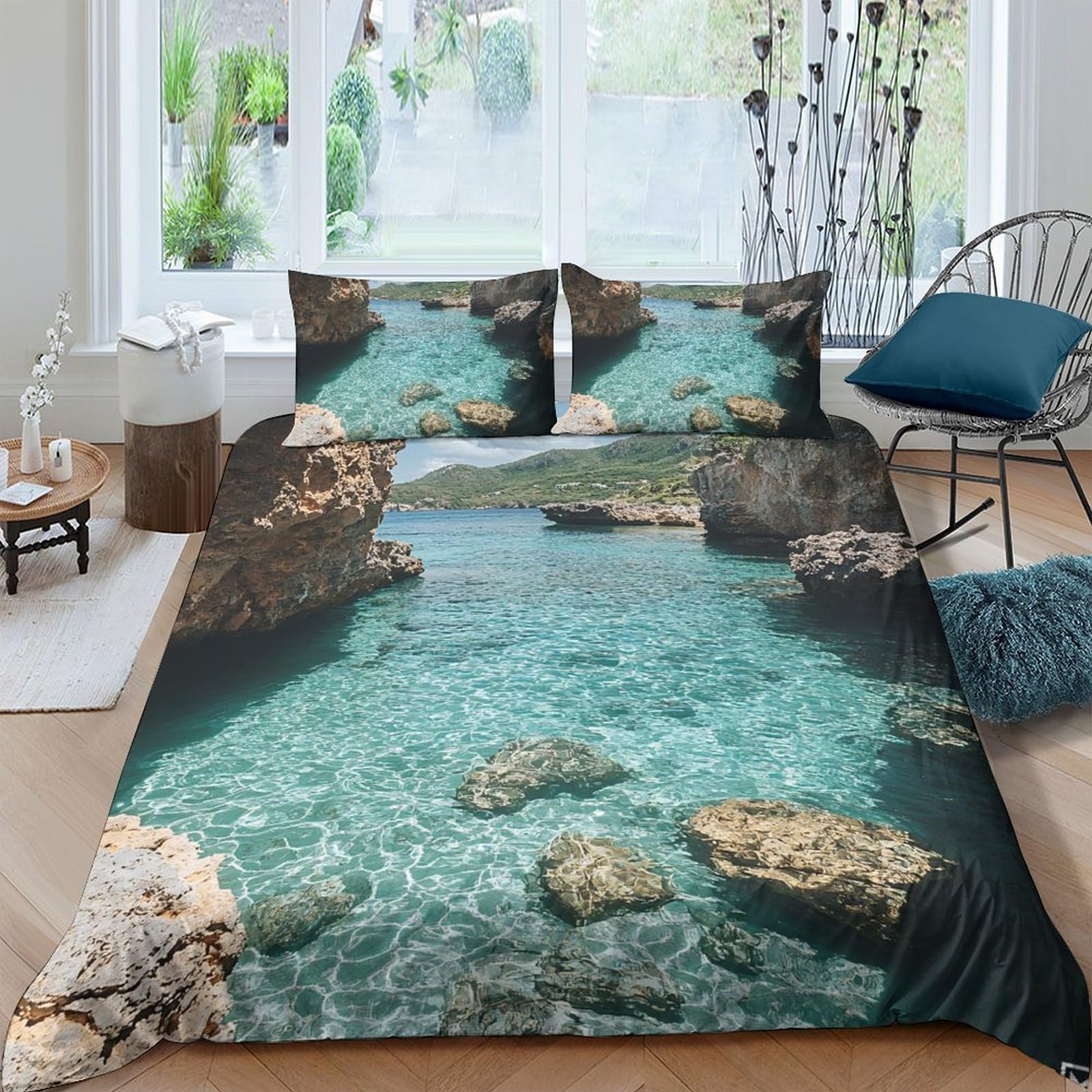 GPLZQXKJNH 3D Printed Mediterranean Seaside Duvet Cover Microfiber Soft Breathable Lagoon Bedding Set with 2 Pillowcases for Bedroom Decor Single（135x200cm）