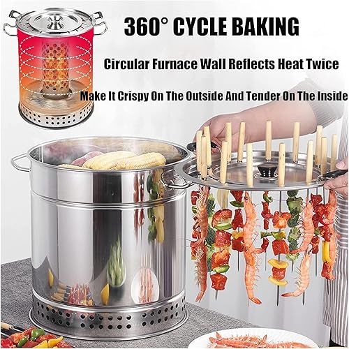 Miniatura 2 de Parrilla de barbacoa de barril de carbón ahumador, barril de malla de acero inoxidable con 20 pinchos, cesta de parrilla rodante y estante de