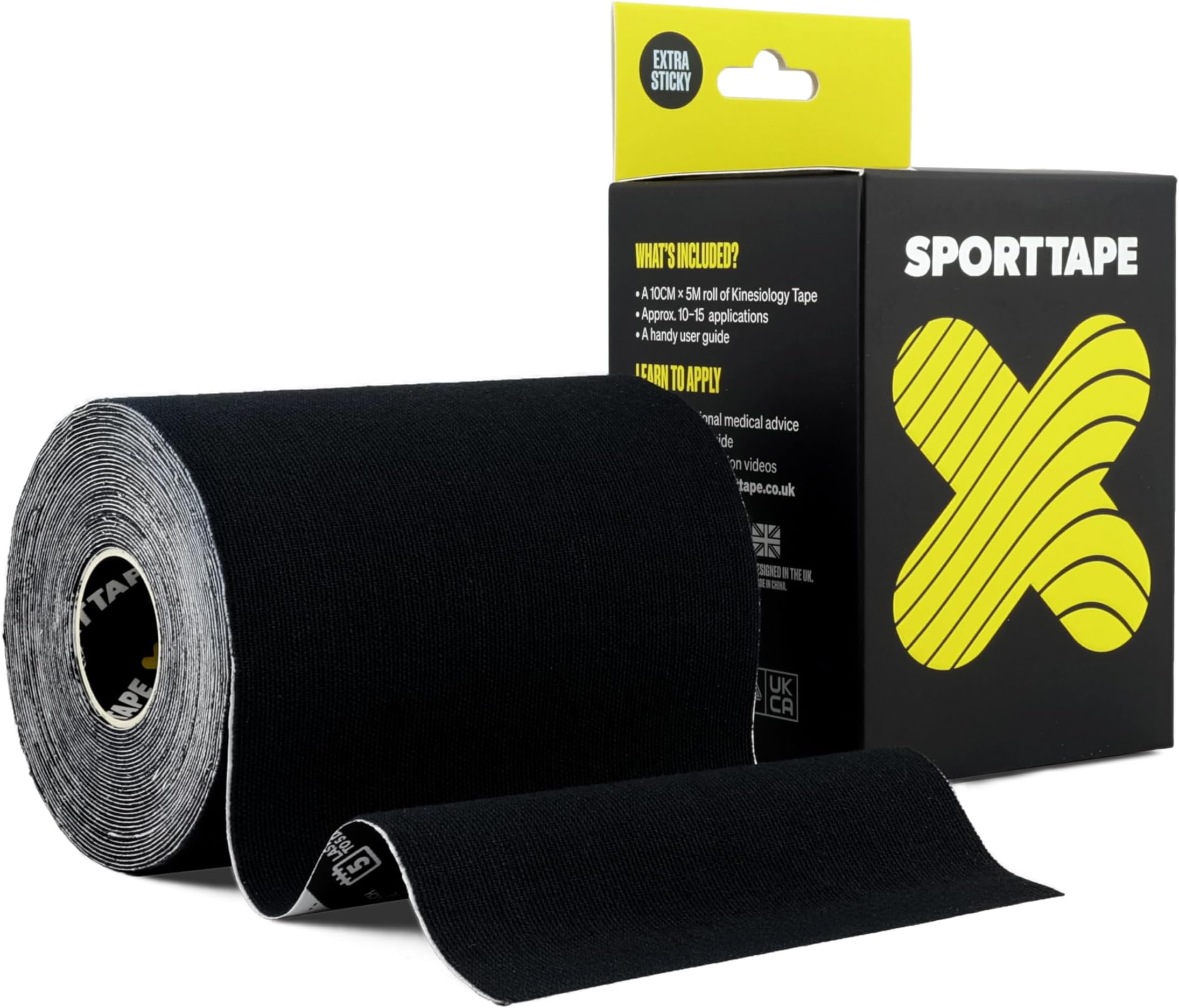 SPORTTAPE Extra Wide Kinesiology Tape 10cm x 5m - Black | Waterproof, Hypoallergenic, Muscle Support Recovery Tape for Sports Injuries, Physio, Lower Back, Binding, Chest Taping | Single Uncut Roll