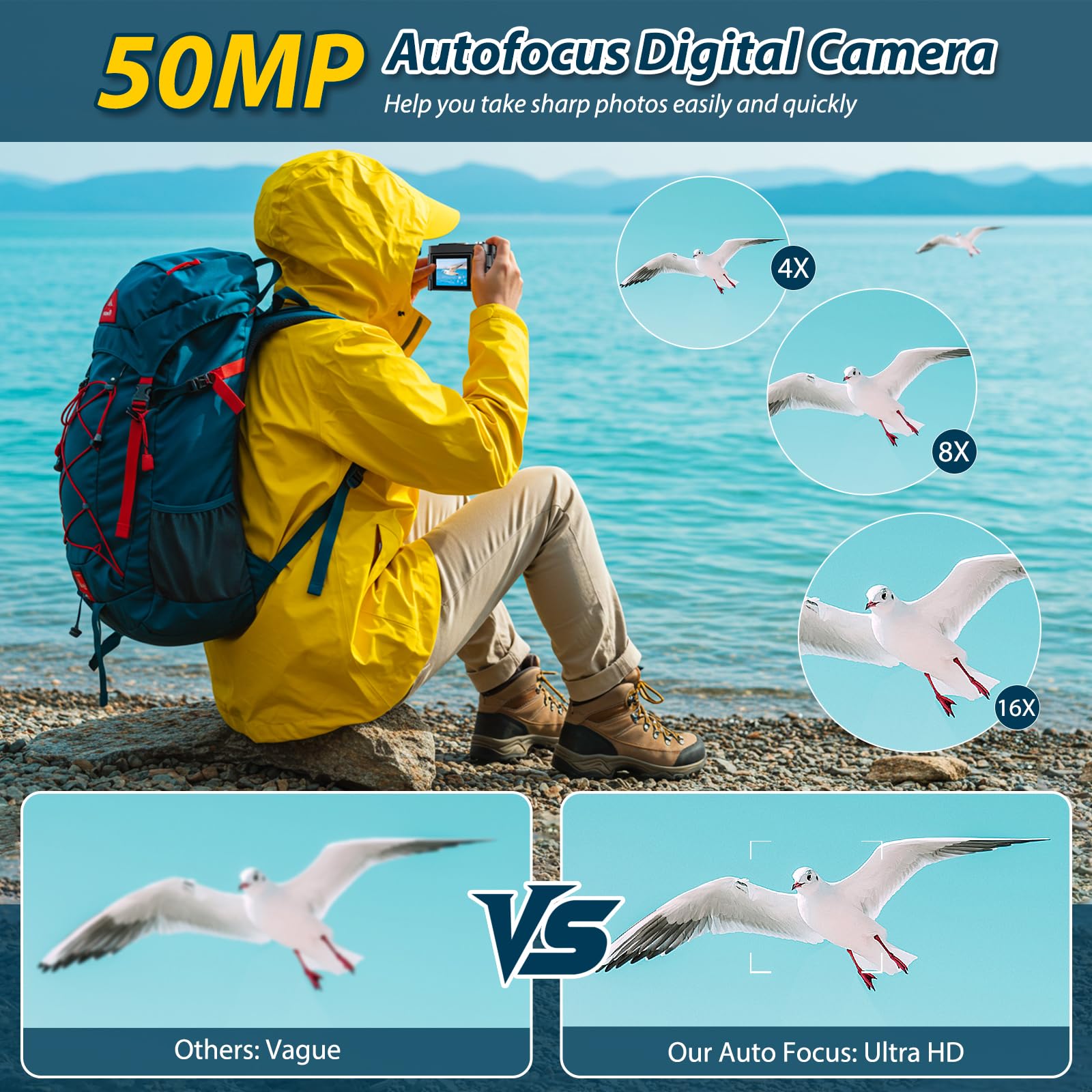 Cámara Digital 4K 50MP Cámara de Fotos Zoom Digital 16X Cámara Fotográfica 2.8" 180 ° Flip Pantalla Vlogging Cámara Compacta con Tarjeta De 32 GB para Principiantes Adolescentes