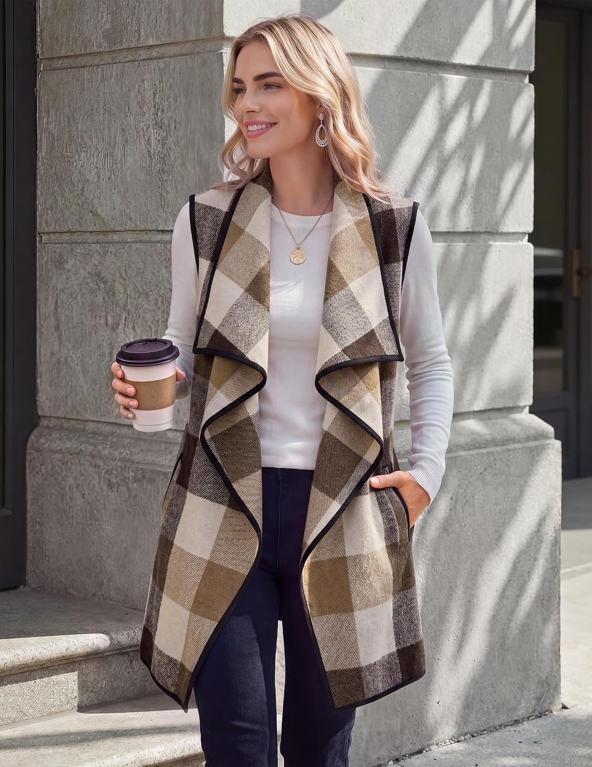 Zeagoo Women Vest Long Plaid Jackets Sleeveless Flannel Coats with Pockets