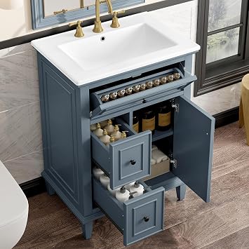 24-inch Bathroom Vanity with Sink Combo, Free-Standing Single Bathroom Storage Cabinet with Tilt-Out Drawer, Adjustable Shelf & Two Drawers, Vanity with Ceramic Basin for Bathroom Blue Gray