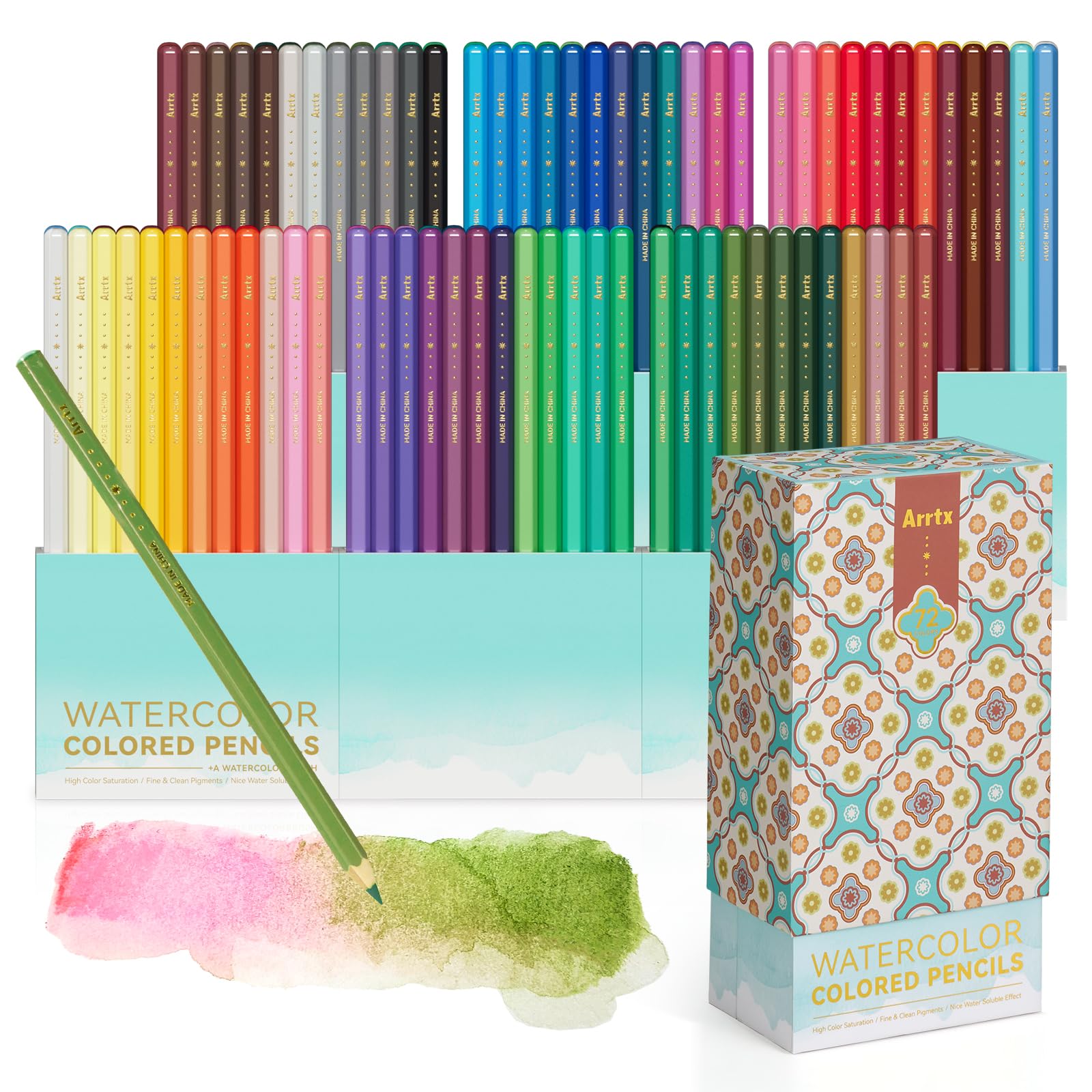 Arrtx 72 Watercolour Pencils Set with Nylon Brush, Water-Soluble Pencils for Adults Artists & Beginner, Quality Cores, Vivid Colours, For Mixing, Drawing and Sketching, Art Folding Travel Case