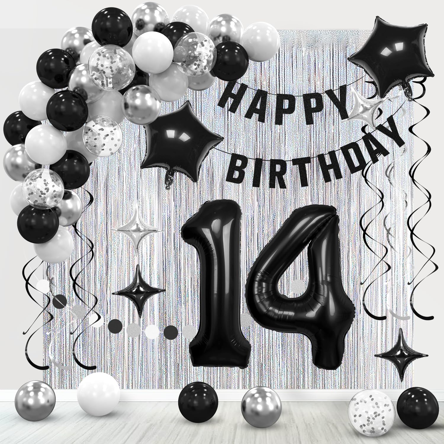 14th Birthday Decorations for Boys Girls, Silvery and Black Happy 14th Birthday Banner ,Number 14 Balloons Arch Kit for 14 year old Birthday Party