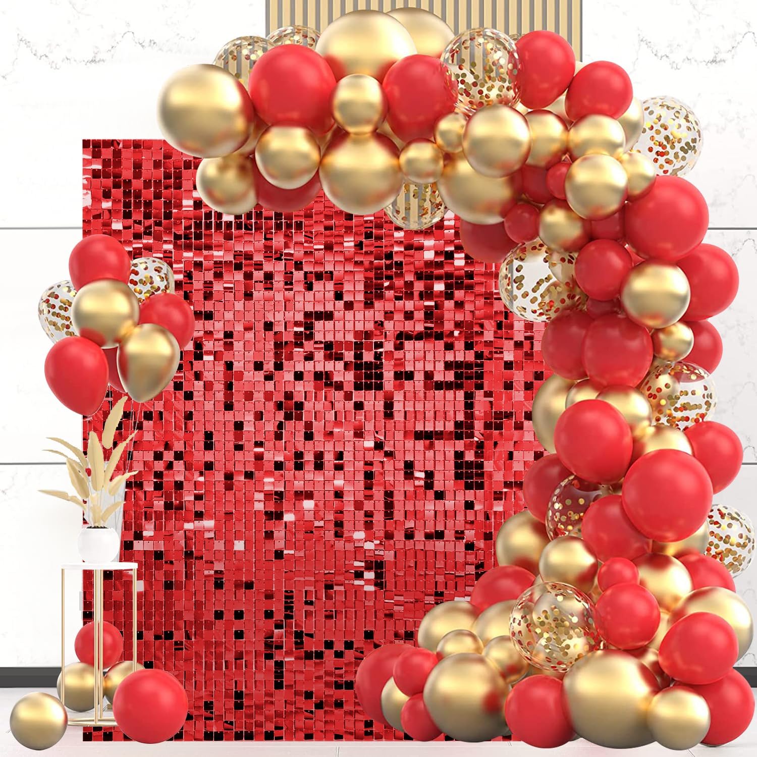 Red Shimmer Wall Backdrop, Mjkeomo 24 Pcs Sequin Backdrop Glitter Photo Backdrops for Birthday, Graduation, Anniversary, Wedding, Home Party Decorations