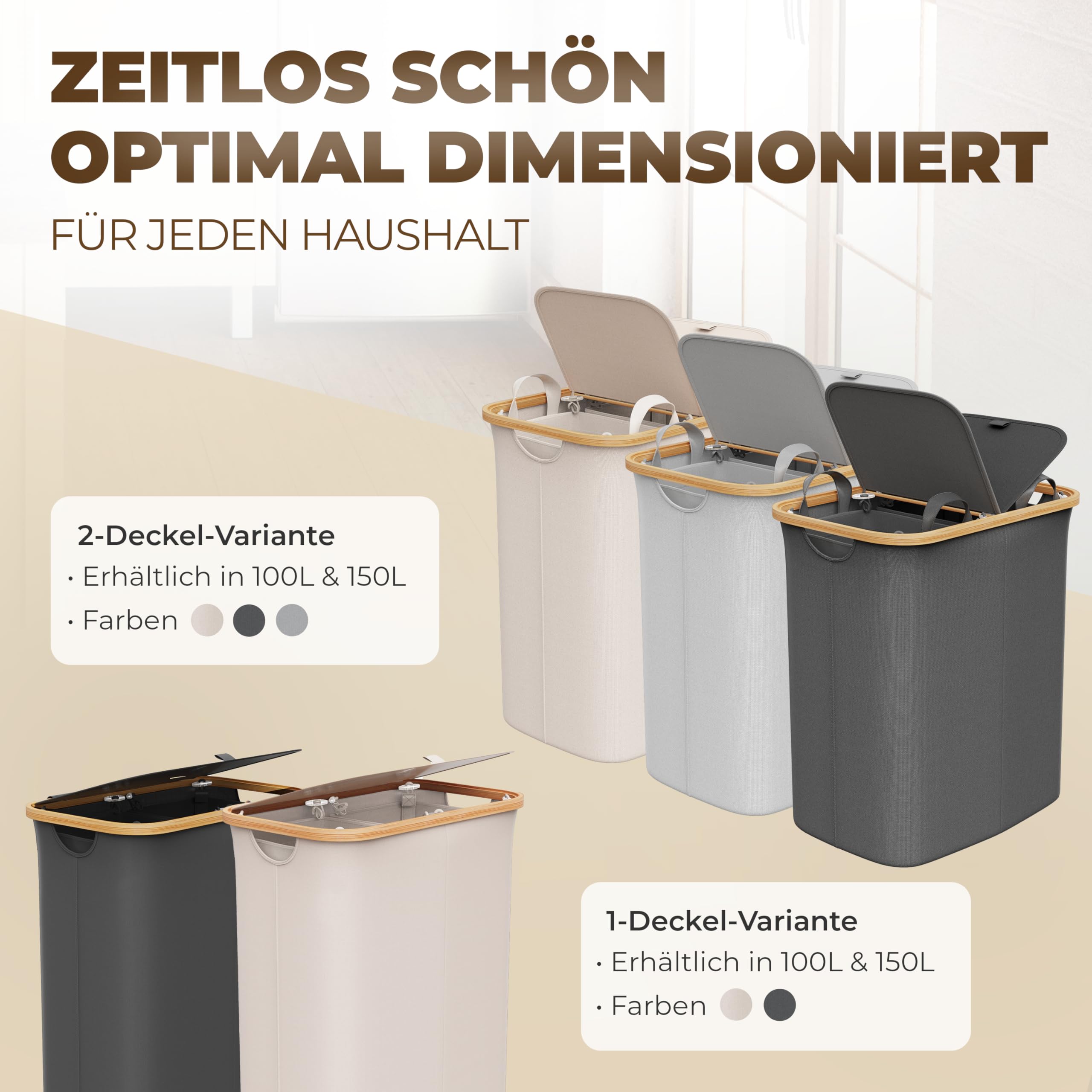 Wäschekorb 150L Faltbar mit Deckel und 2 Fächern – Wäschesammler Bambus-Stoff Beige – Wäschebox, Wäschetruhe, Wäschebehälter, Wäschetrenner für Bad, Schlafzimmer & Waschküche