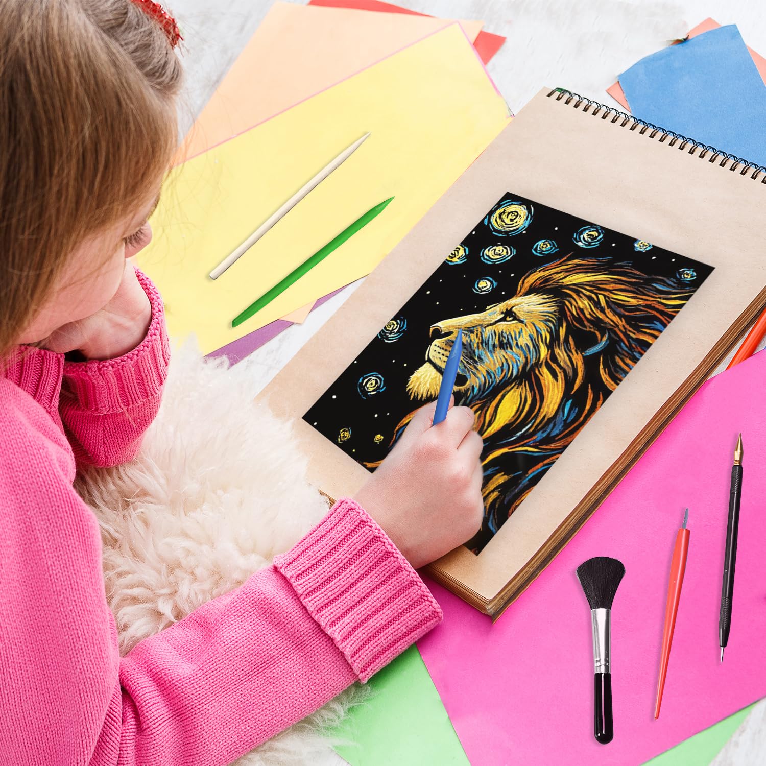 Kit Art à Gratter Arc-en-Ciel Lumineux 8 Pièces avec Outils de Grattage pour Adultes et Enfants (Animaux)