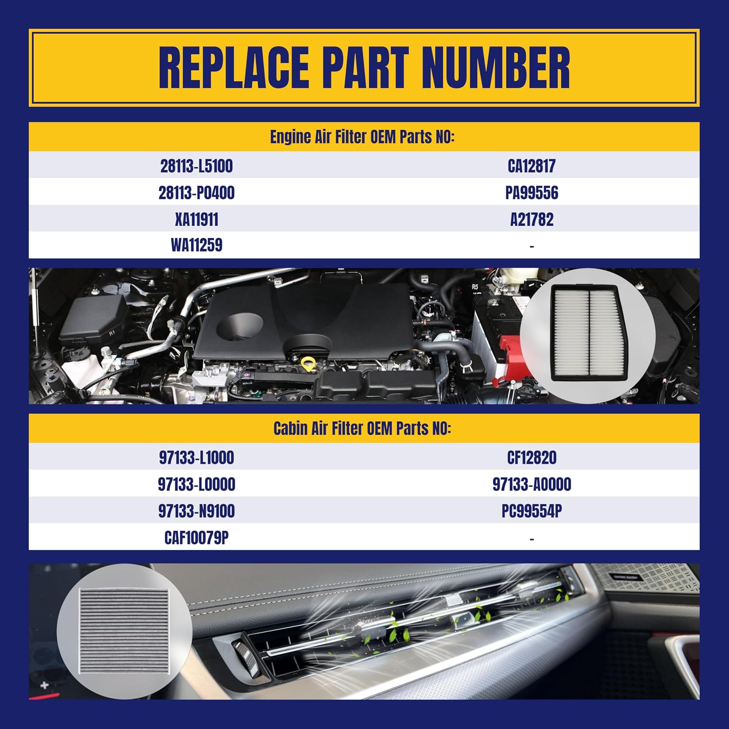 Engine and Cabin Air Filter ONLY FIT FOR HYBRID for Hyundai Tucson 22-25 for Santa Fe 21-25 for Sonata 20-25 for Kia Sorento 21-25 for Sportage 23-25 Replace 97133L1000 28113-L5100