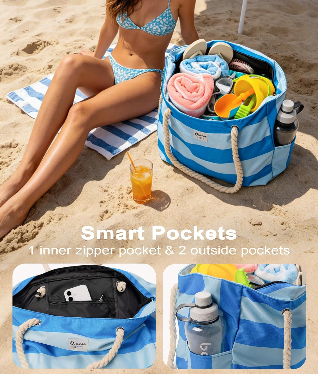 Oceanae Large Beach Bags Waterproof Sandproof, XL Swim Pool Tote Bag with Zipper for Women