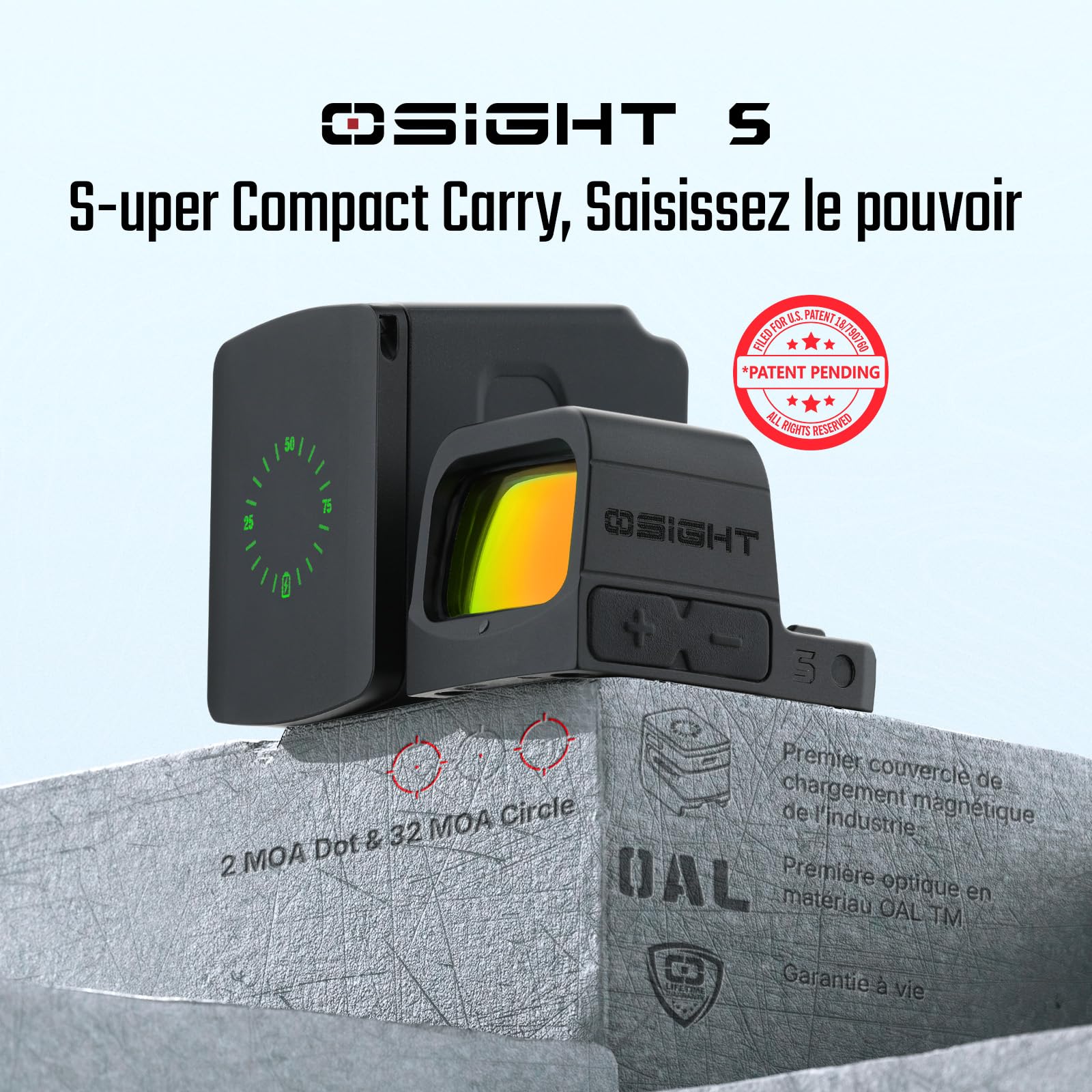 Osight Visée Réflexe Osight S IPX7 USB-C Rechargeable à 2MOA Dot et 32MOA Circle Est Une Aide à La Visée Légère pour Les Armes Courtes Utilisées pour La Chasse
