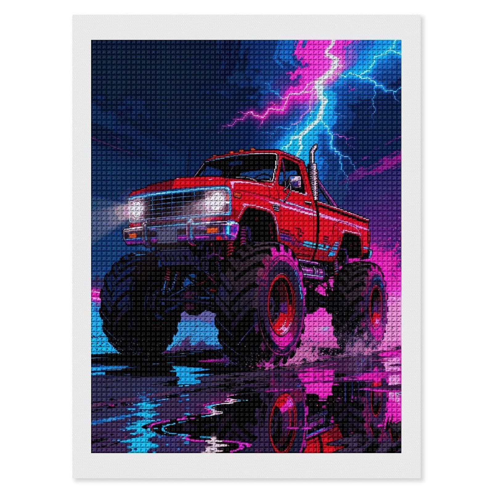Monster Truck Lightning Roar Diamond Painting Kits for Adults Beginners 12x16 Full Drill Diamond Art with DIY Tools Square 5D Diamonds Dots Crafts Gem Art Paint by Diamonds for Home Wall Decor Relax