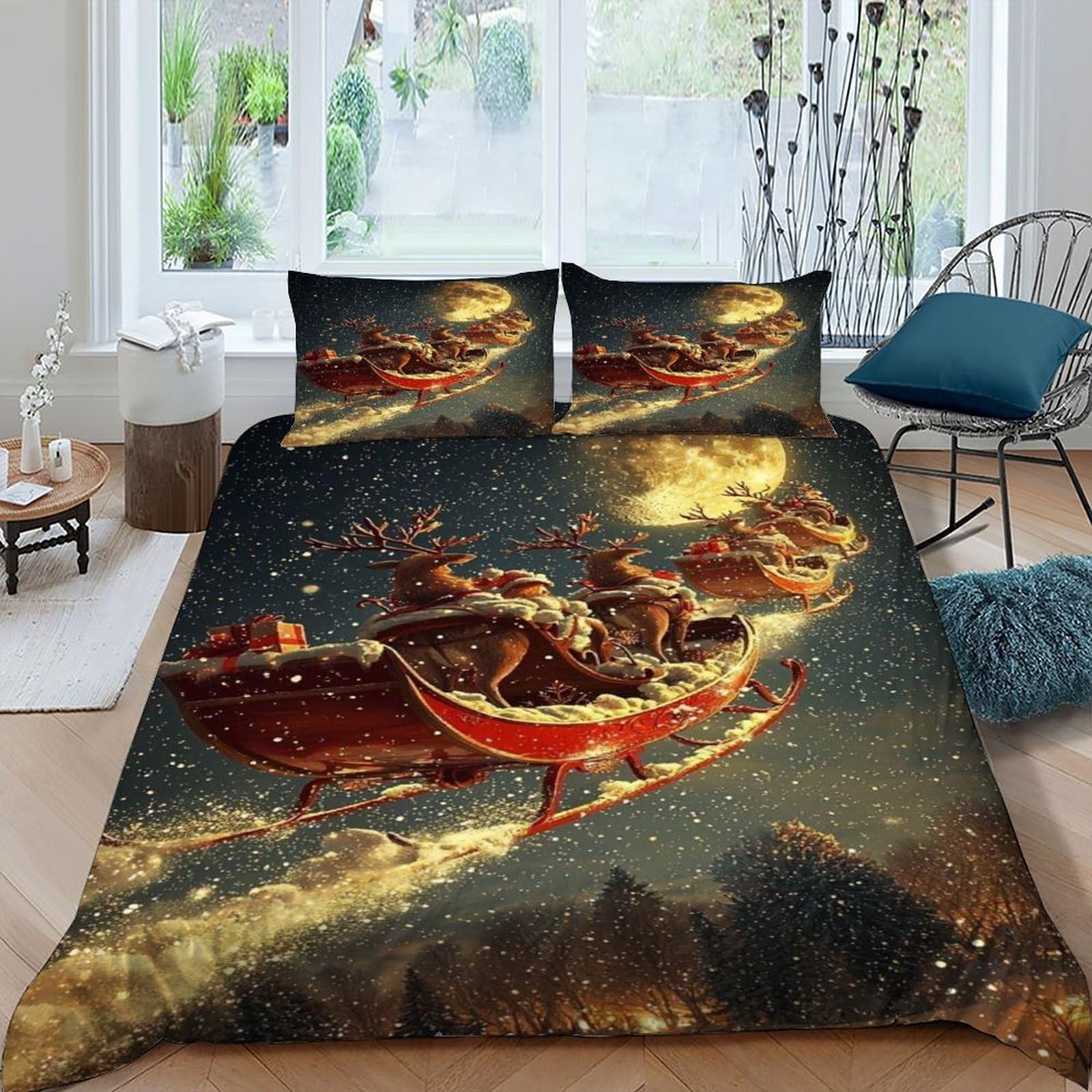 Housse de couette Noël fermeture éclair parure microfibre lune traîneau