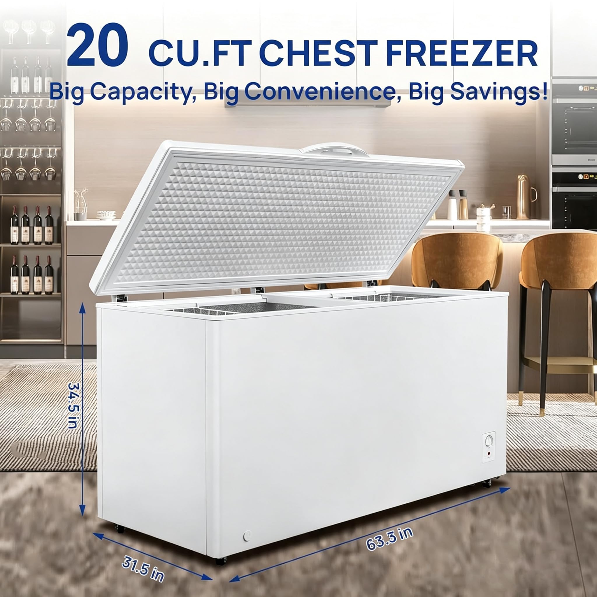 Smad 20.5 Cu. Ft. Garage Ready Chest Freezer, Deep Freezer With Top Opening, 7 Level Temperature Control, Easy Defrost Drain, For Storage, Large Family, Kitchen-29.8"D X 63.3"W X 34.5"H on Fridge.com - View 6