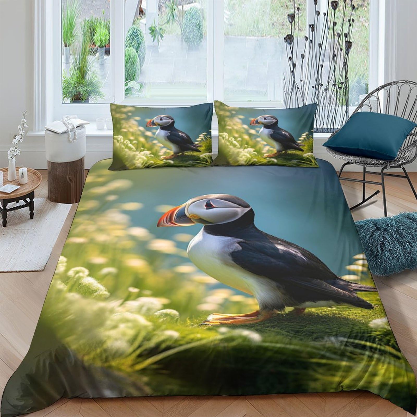 Ctjqhvkz Style-8 3D Printed Puffin Meadow Fitted Sheet Microfiber Soft Mattress Cover For Bedroom Dorm Dustproof Easy Care Decor Single（135X200cm）
