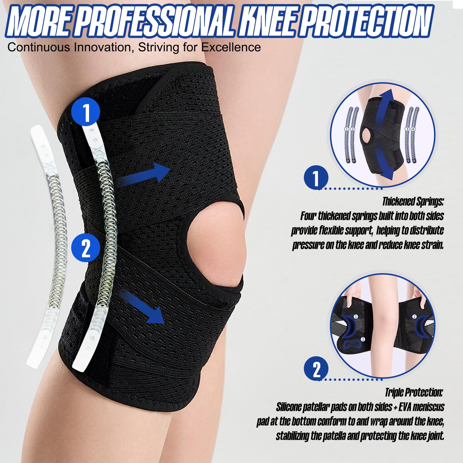 Tutore Ginocchio con Stabilizzatori Laterali e Supporto Rotuleo, Ginocchiera Regolabile con Cinghie Incrociate, Supporto Compressivo per Menisco, ACL, Artrosi e Sport