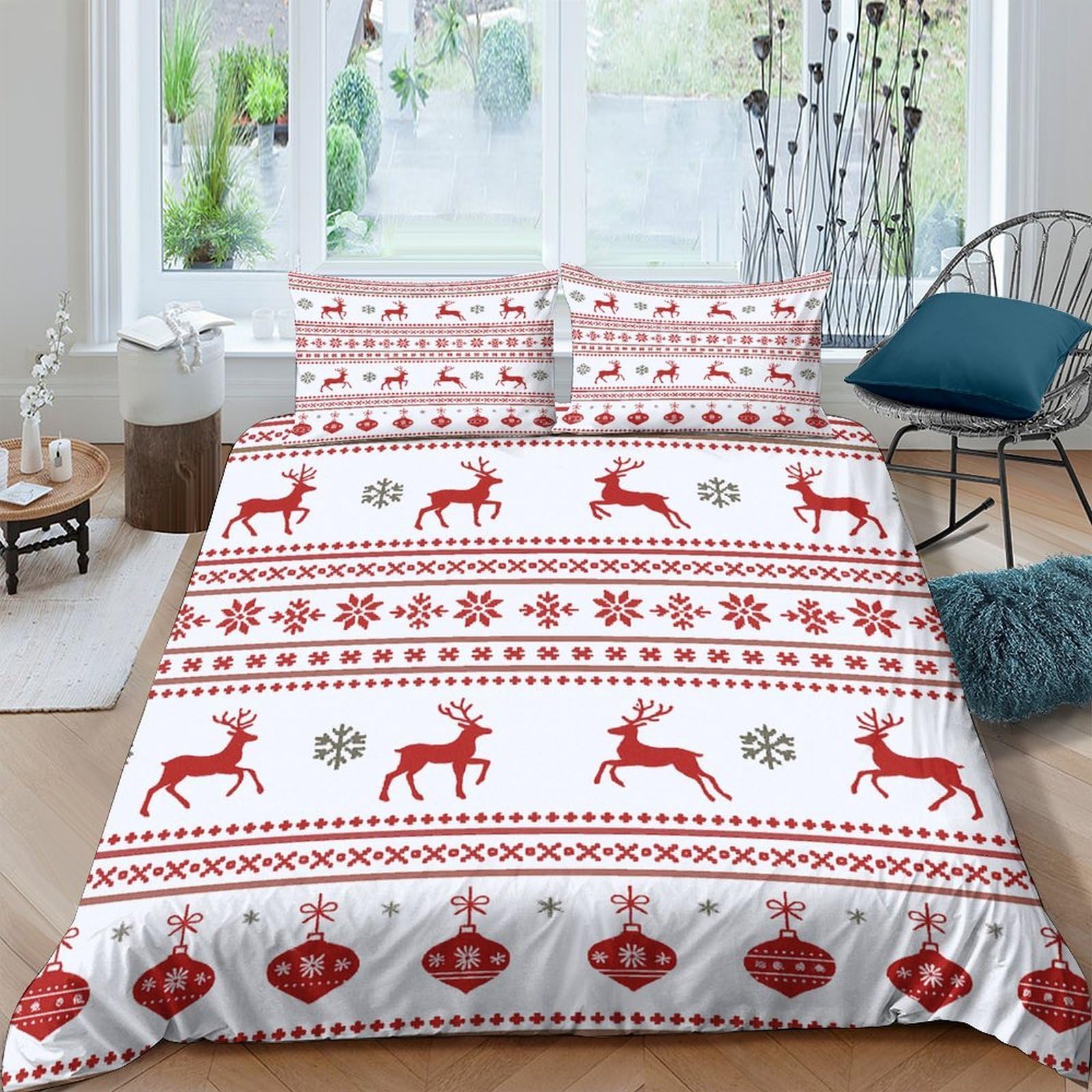 Ctjqhvkz Style-7 3D Printed Nordic Reindeer Fitted Sheet Microfiber Red White Christmas Snowflake Bed Cover For Bedroom Guest Room Single（135X200cm）