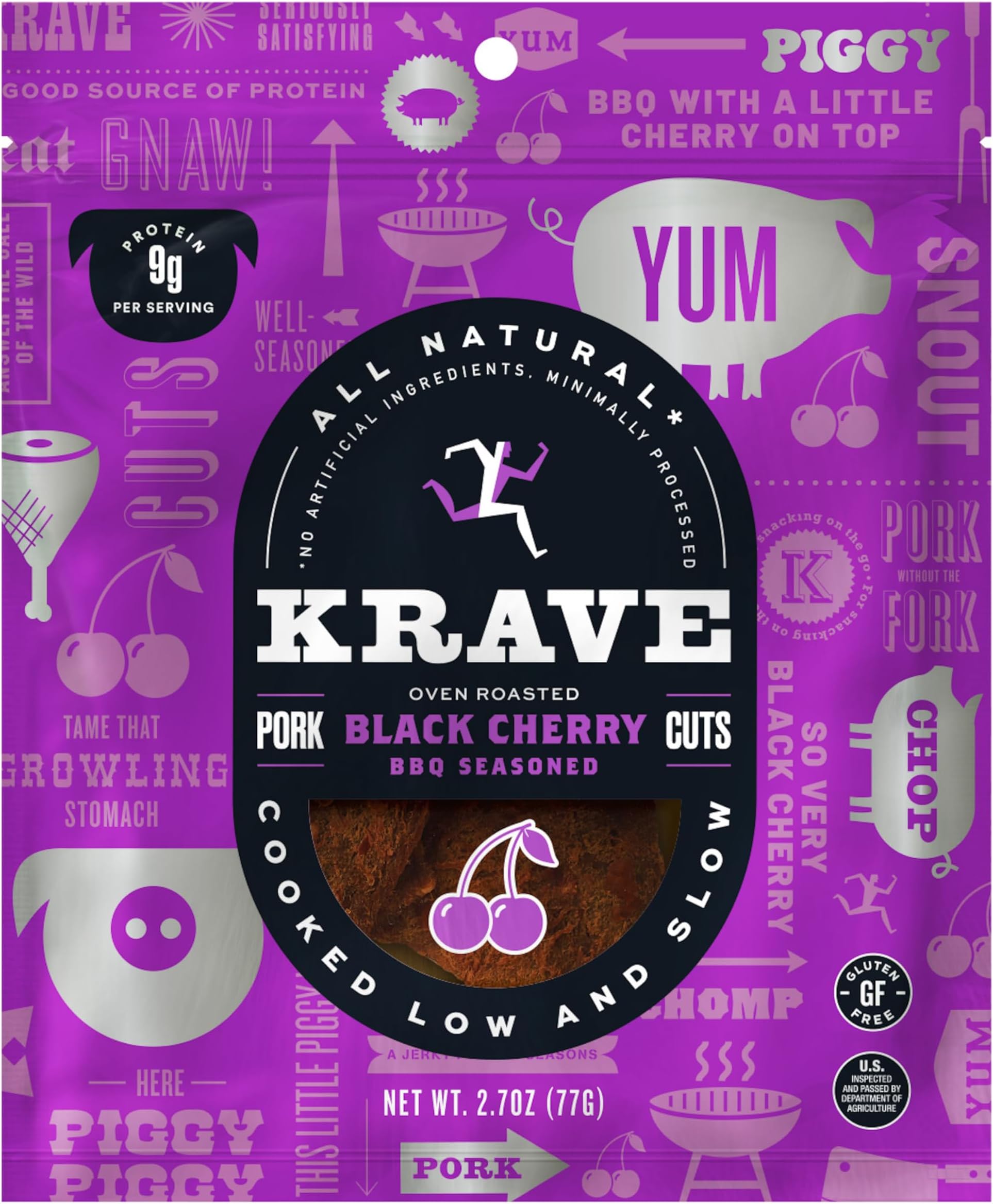 All Natural Pork Jerky, Black Cherry BBQ - Protein Packed Snacks Roasted for Maximum Flavor - Premium Tender Meat Cuts - Gluten Free - 2.7 Ounce