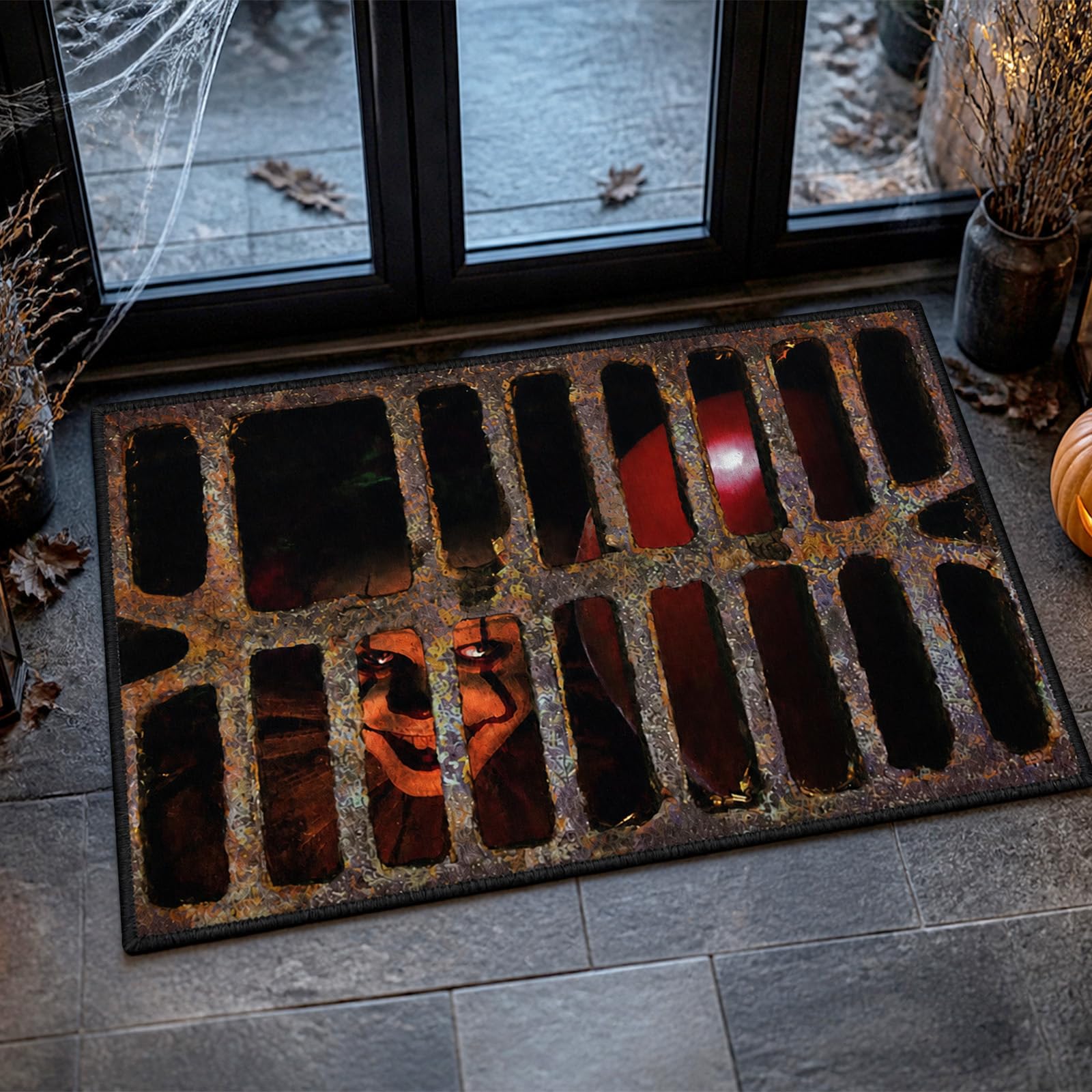 YUNLIJIA Halloween Decorations Outdoor Halloween Door Mat with Clown Print 40×60cm Spooky Eerie Rug Add A Chilling Vibe to Your Themed Celebrations and Party for Doorway Entryway Haunted House