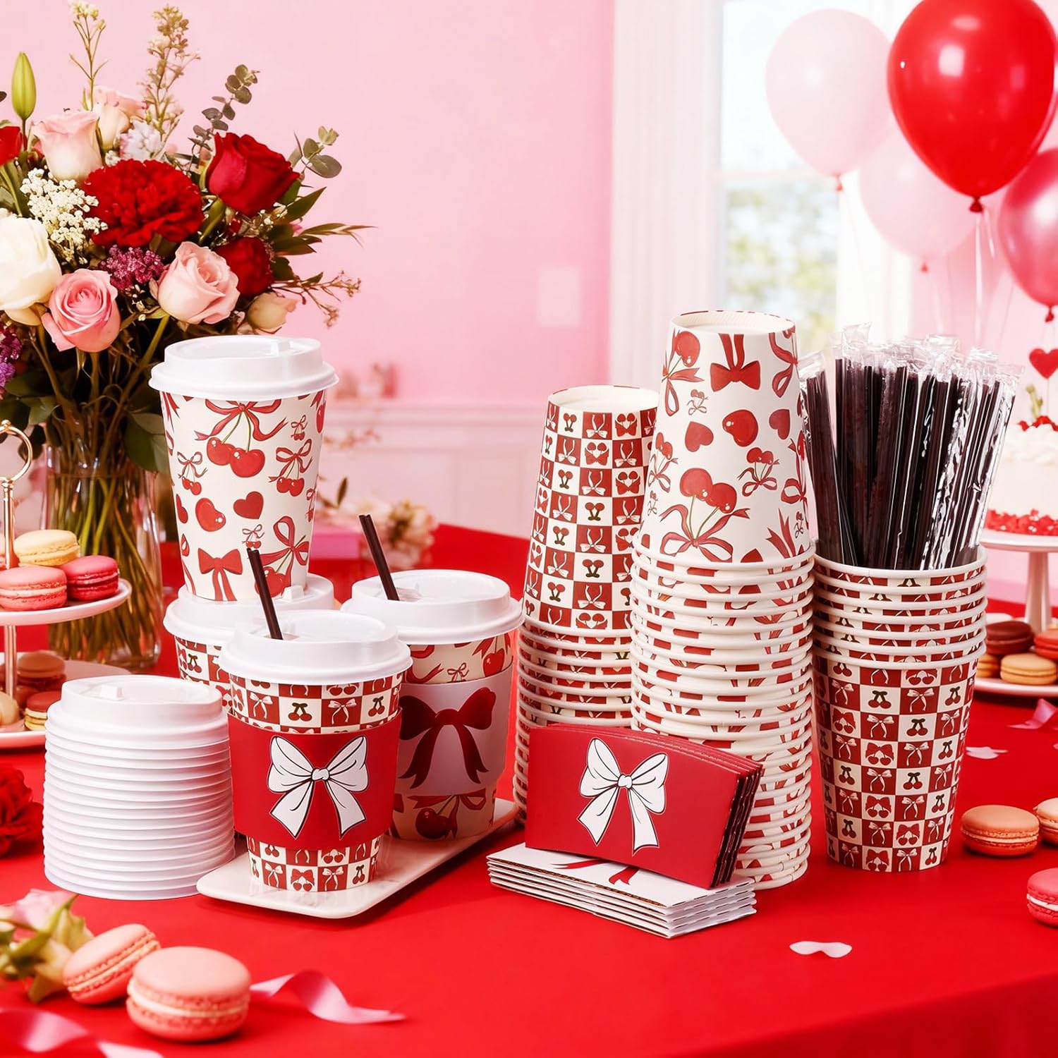 Lallisa 50 Set Valentines Day Disposable Coffee Cups 12oz with Lids, Straws and Sleeves Romantic Red Bow Paper Cups for Valentine Party, Wedding, Galentines Gifts and Hot Cold Drinks